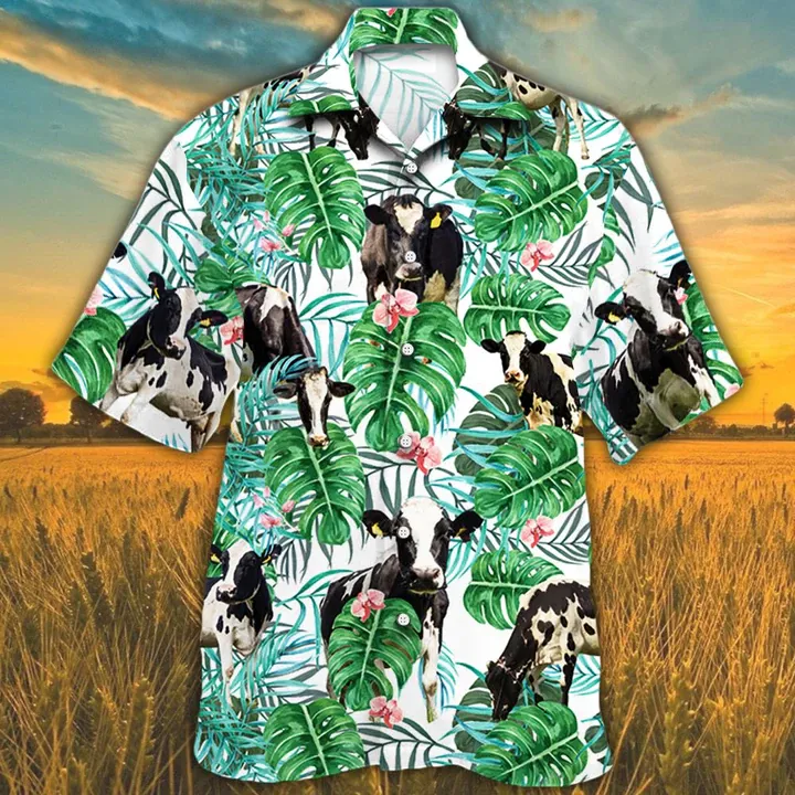 Cow Hawaiian shirts for men, women, Holstein Friesian Cattle Lovers Tropical Plant Hawaiian Shirt