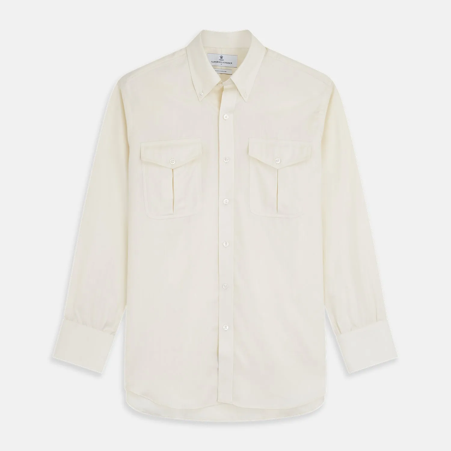 Cream Herringbone Fine Cotton Weekend Officer Fit Shirt with Dorset Collar