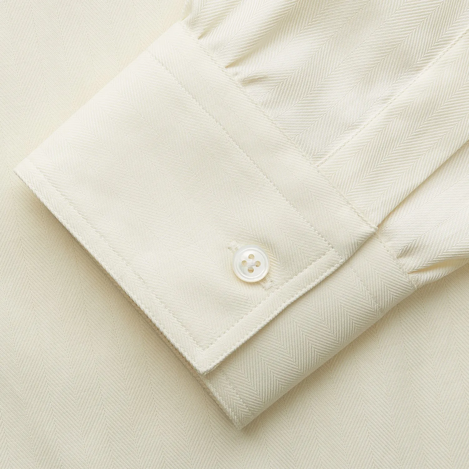 Cream Herringbone Fine Cotton Weekend Officer Fit Shirt with Dorset Collar