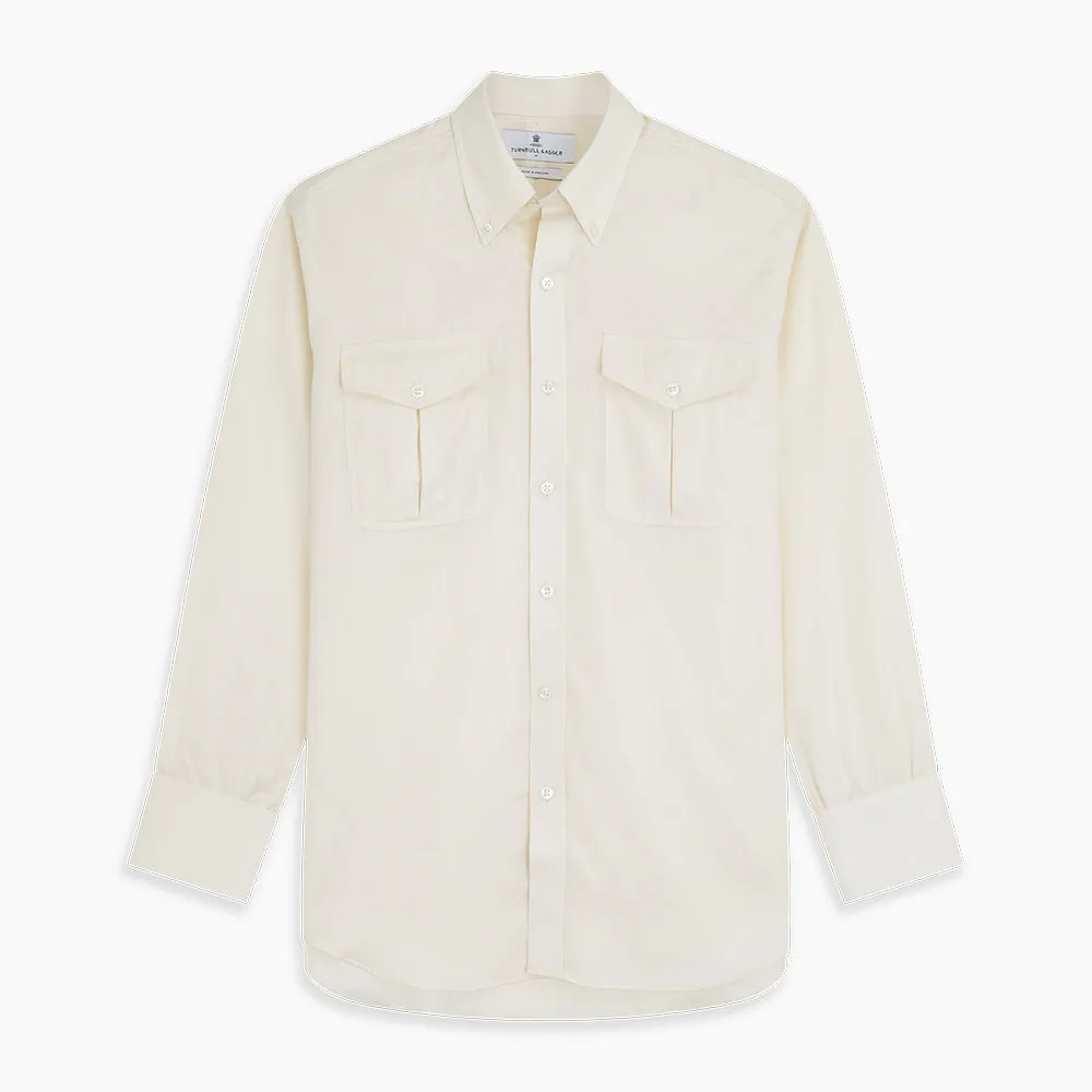 Cream Herringbone Fine Cotton Weekend Officer Fit Shirt with Dorset Collar