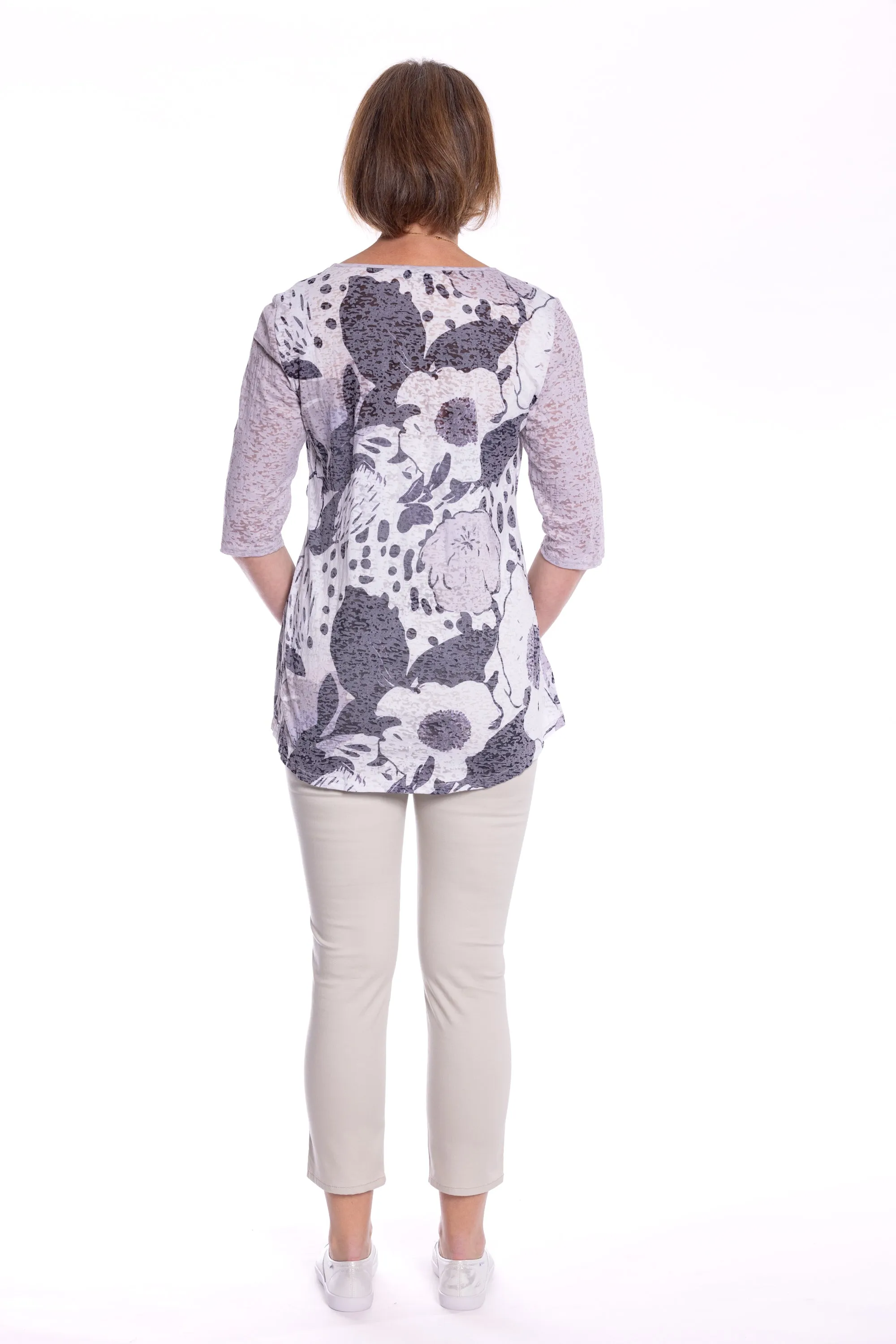 Cross Over Printed Tunic Top by Café Latte - Putty White Flower