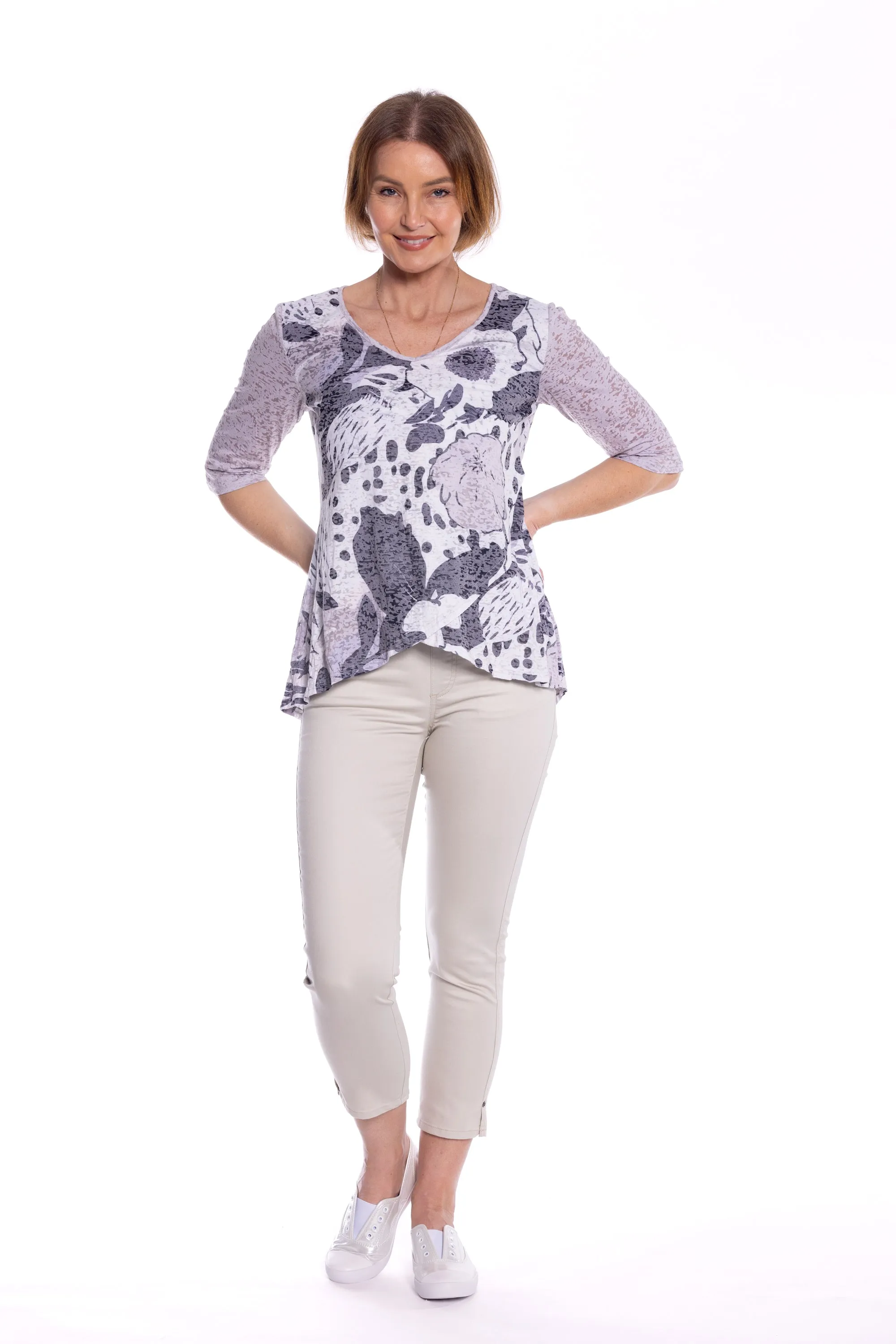 Cross Over Printed Tunic Top by Café Latte - Putty White Flower