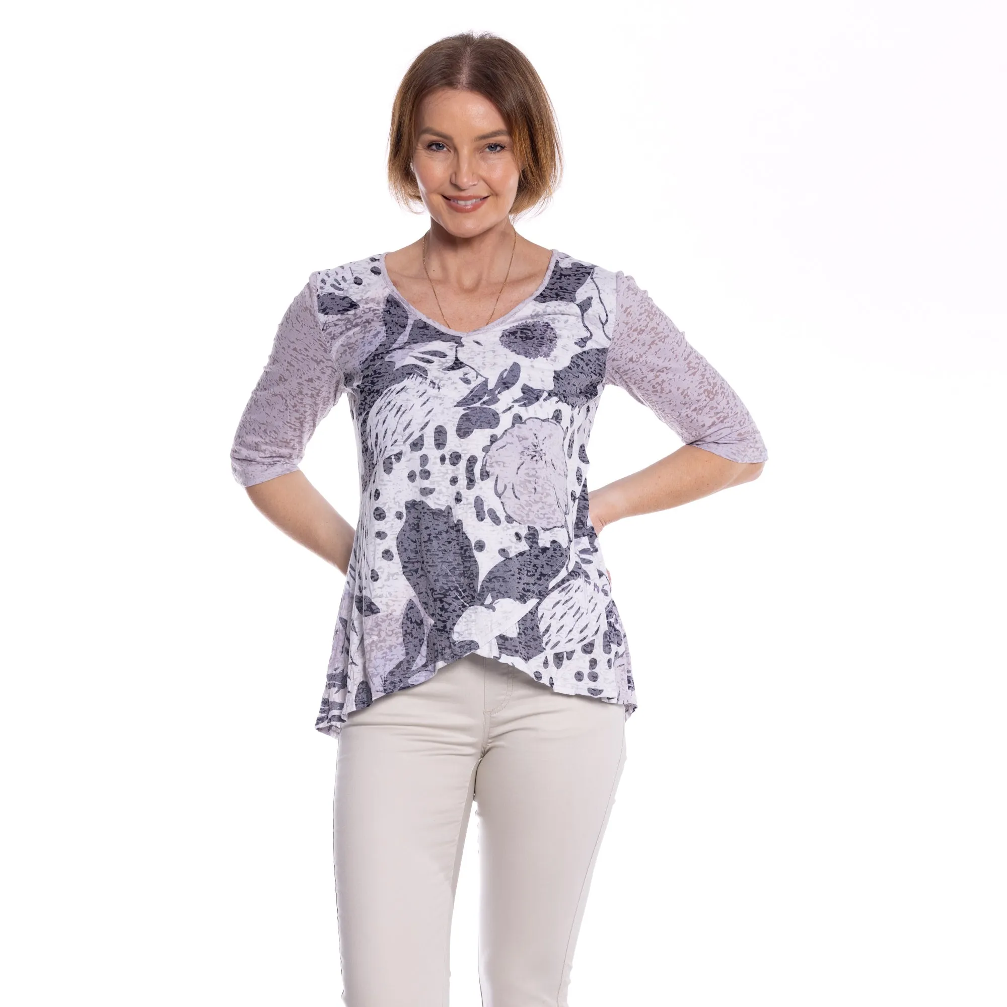 Cross Over Printed Tunic Top by Café Latte - Putty White Flower