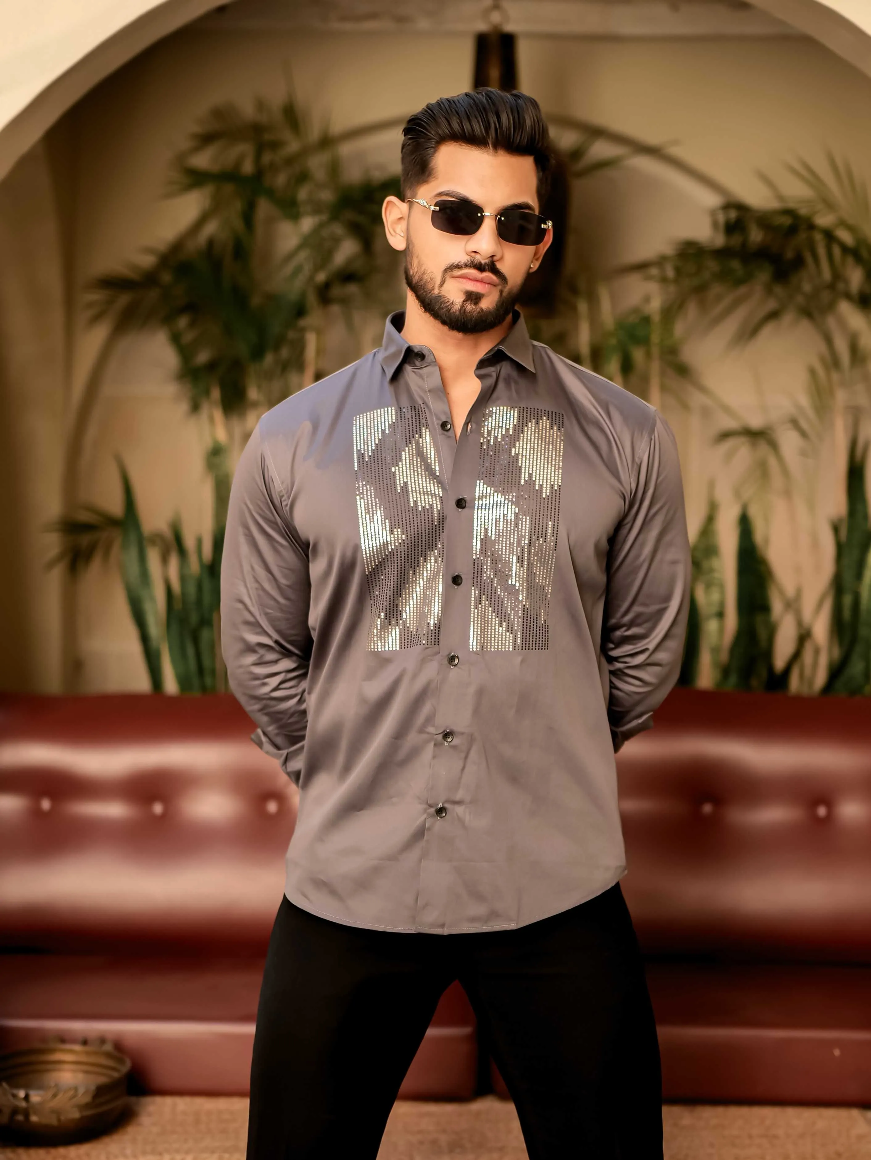 Dark Grey Sequence Club Wear Satin Cotton Party Shirt