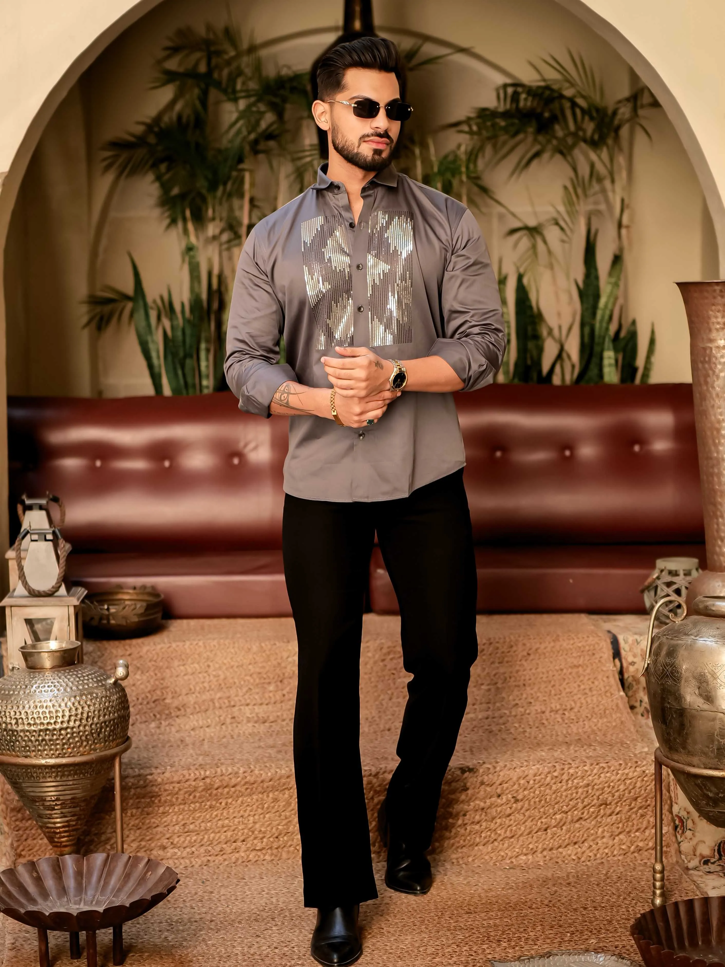 Dark Grey Sequence Club Wear Satin Cotton Party Shirt