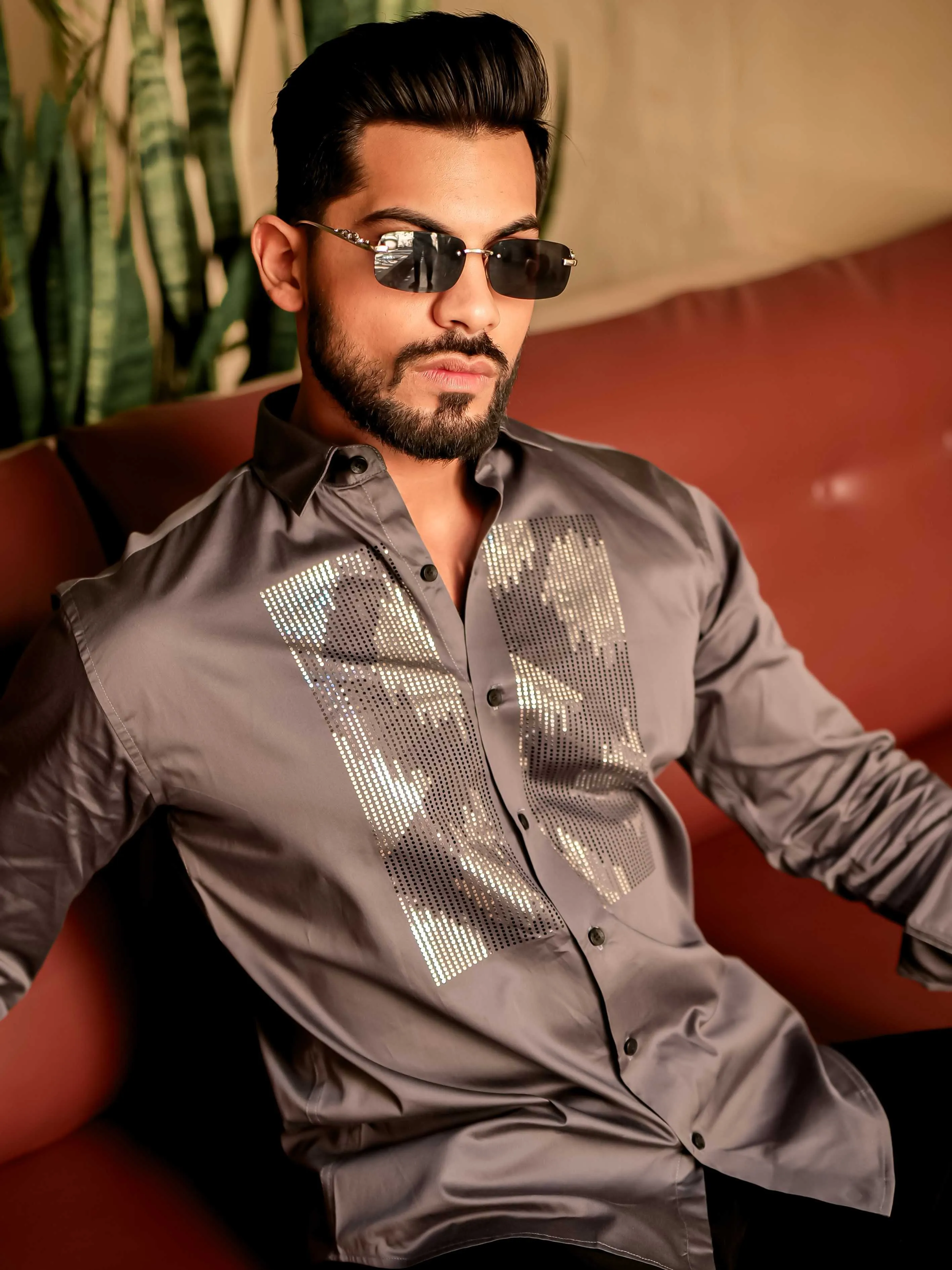 Dark Grey Sequence Club Wear Satin Cotton Party Shirt