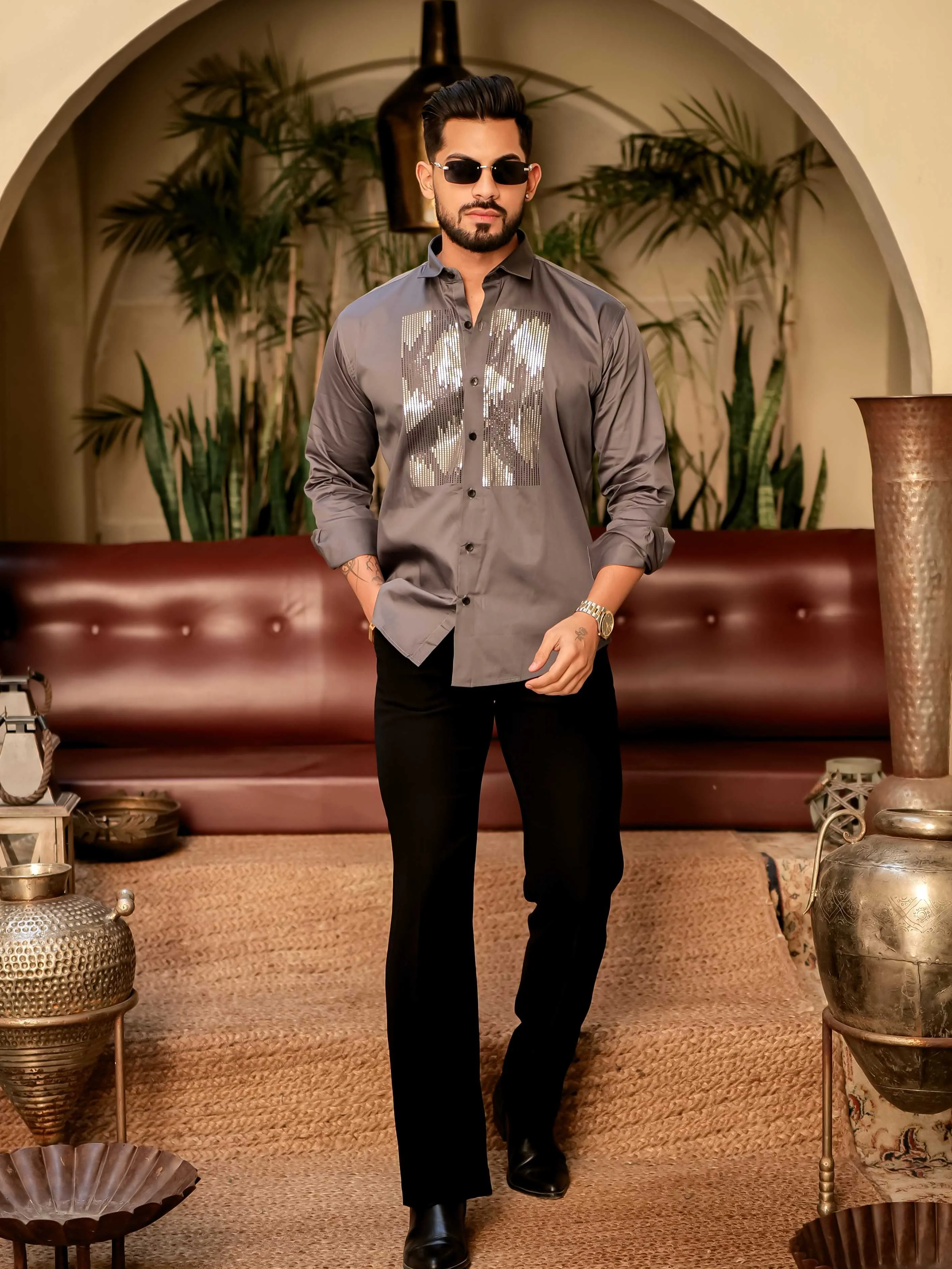 Dark Grey Sequence Club Wear Satin Cotton Party Shirt