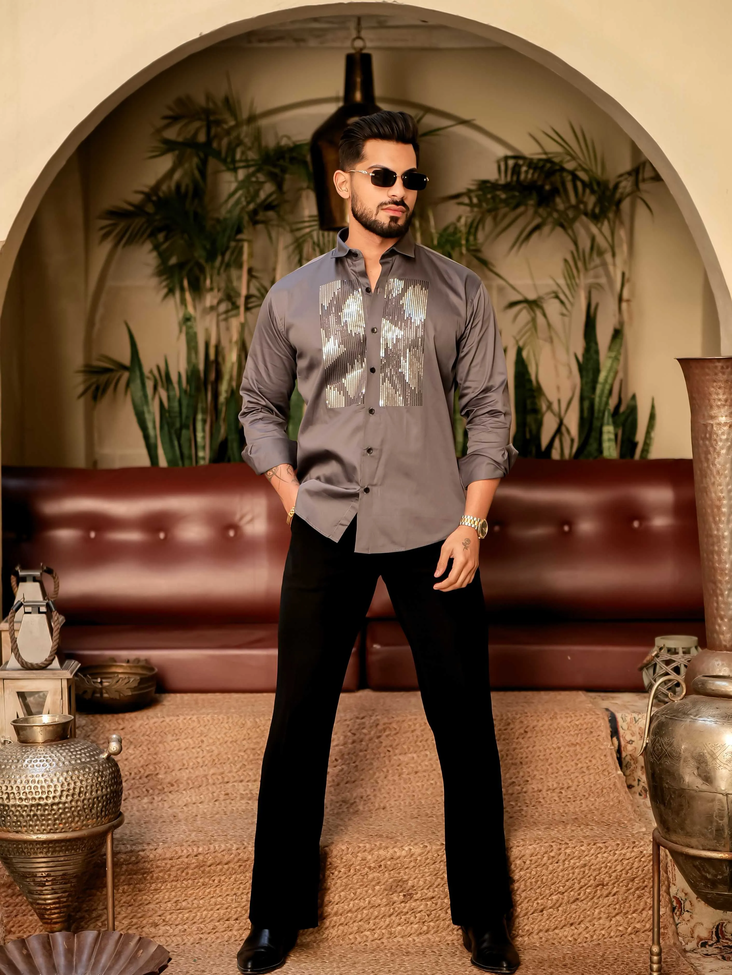 Dark Grey Sequence Club Wear Satin Cotton Party Shirt