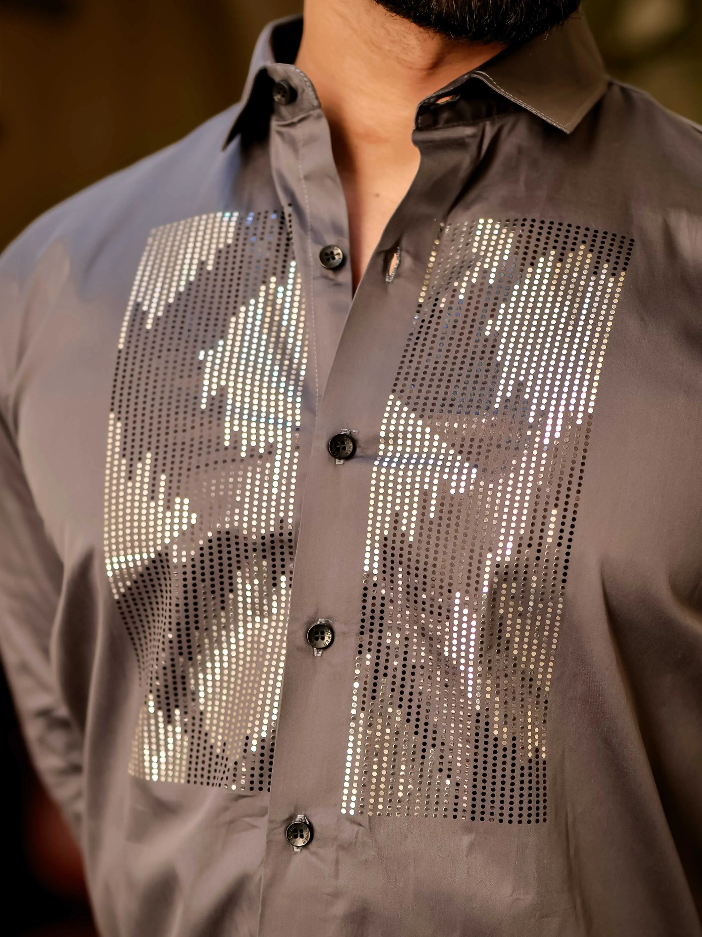 Dark Grey Sequence Club Wear Satin Cotton Party Shirt