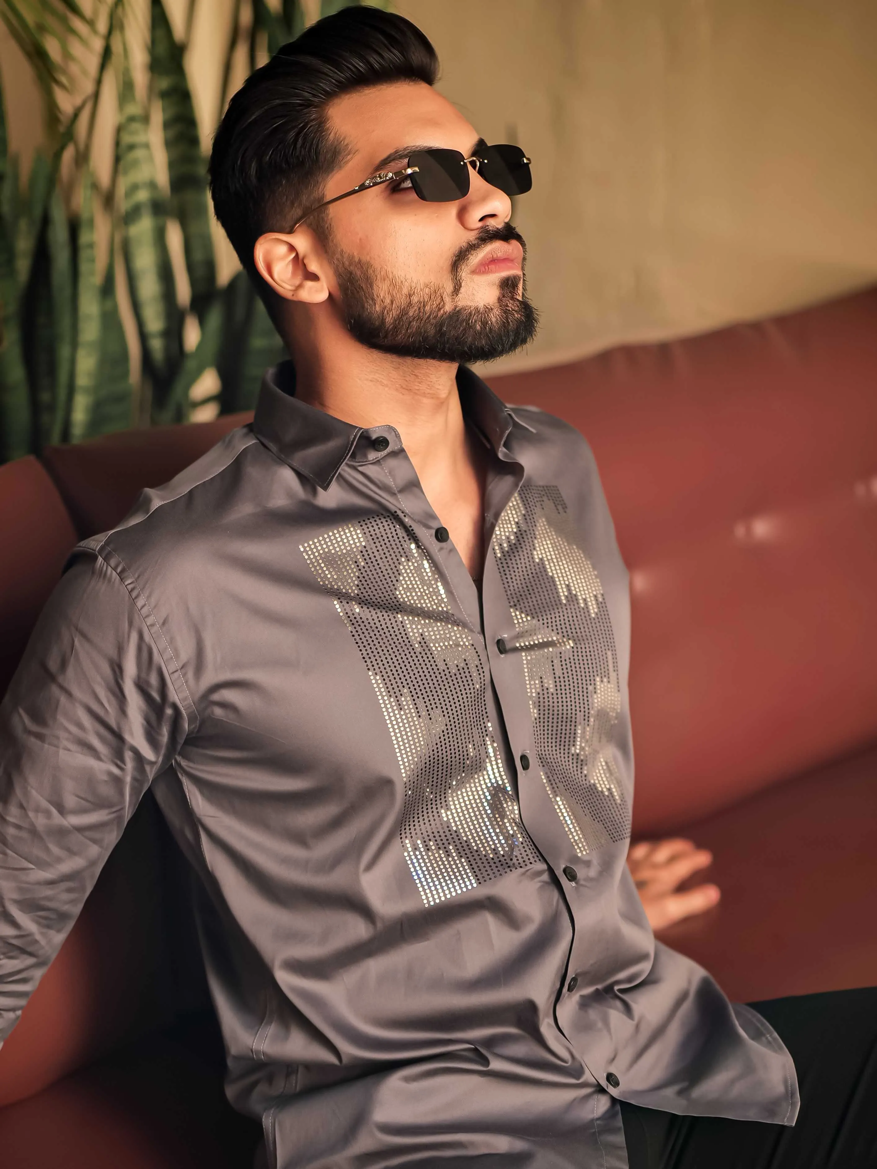 Dark Grey Sequence Club Wear Satin Cotton Party Shirt