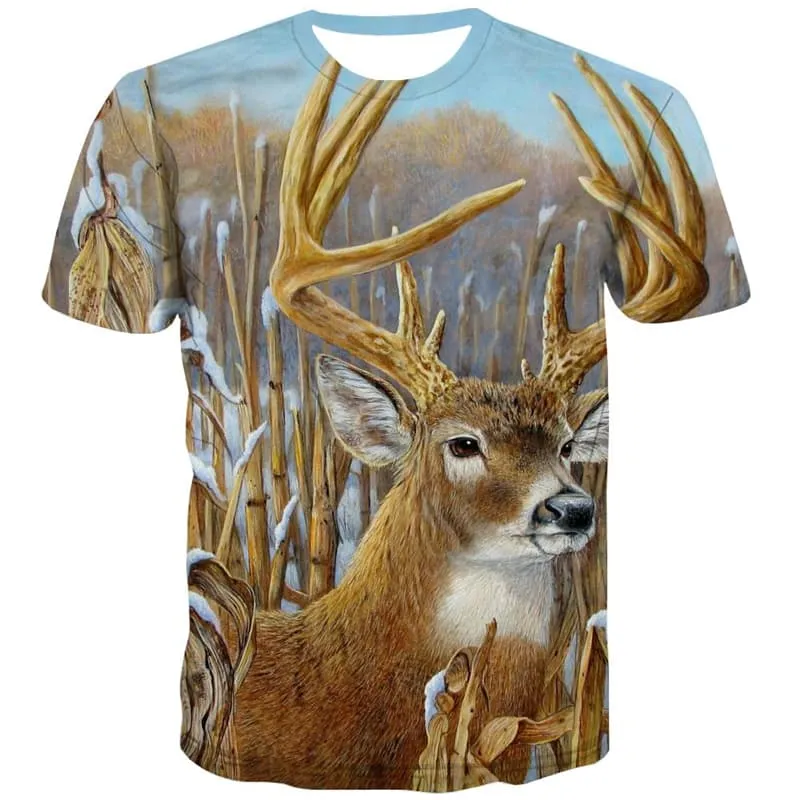 Deer T-shirt Men Animal T-shirts Graphic Snow Tshirt Printed Painting Tshirts Cool