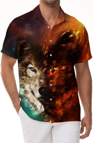 Double Eyes Two Color Wolf Head Print Pattern Hawaiian Button Men's Casual Shirt Short Sleeve Sand Color Beachwear Mixed Color