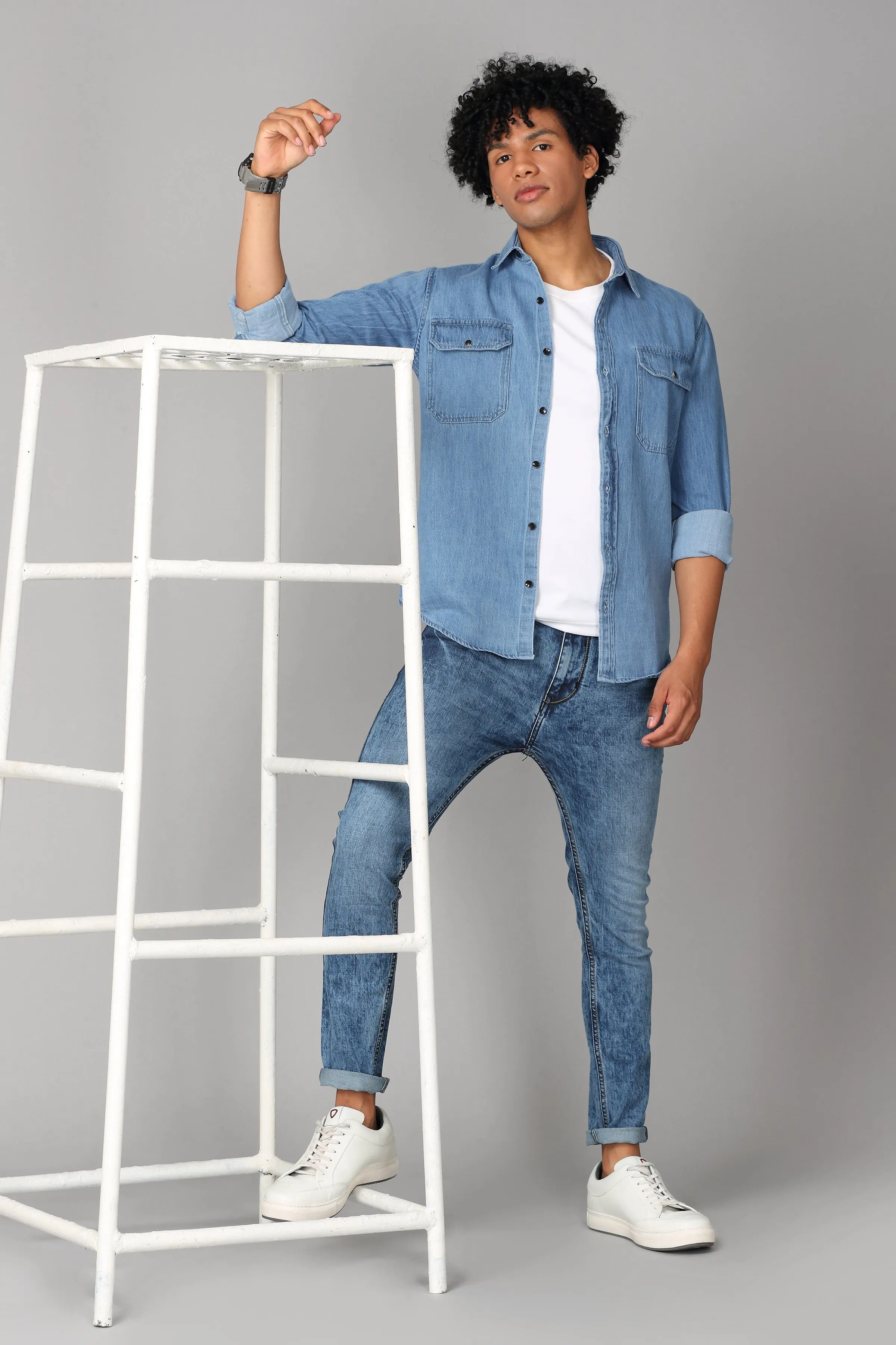 Double Pocket Printed Blue Denim Shirt