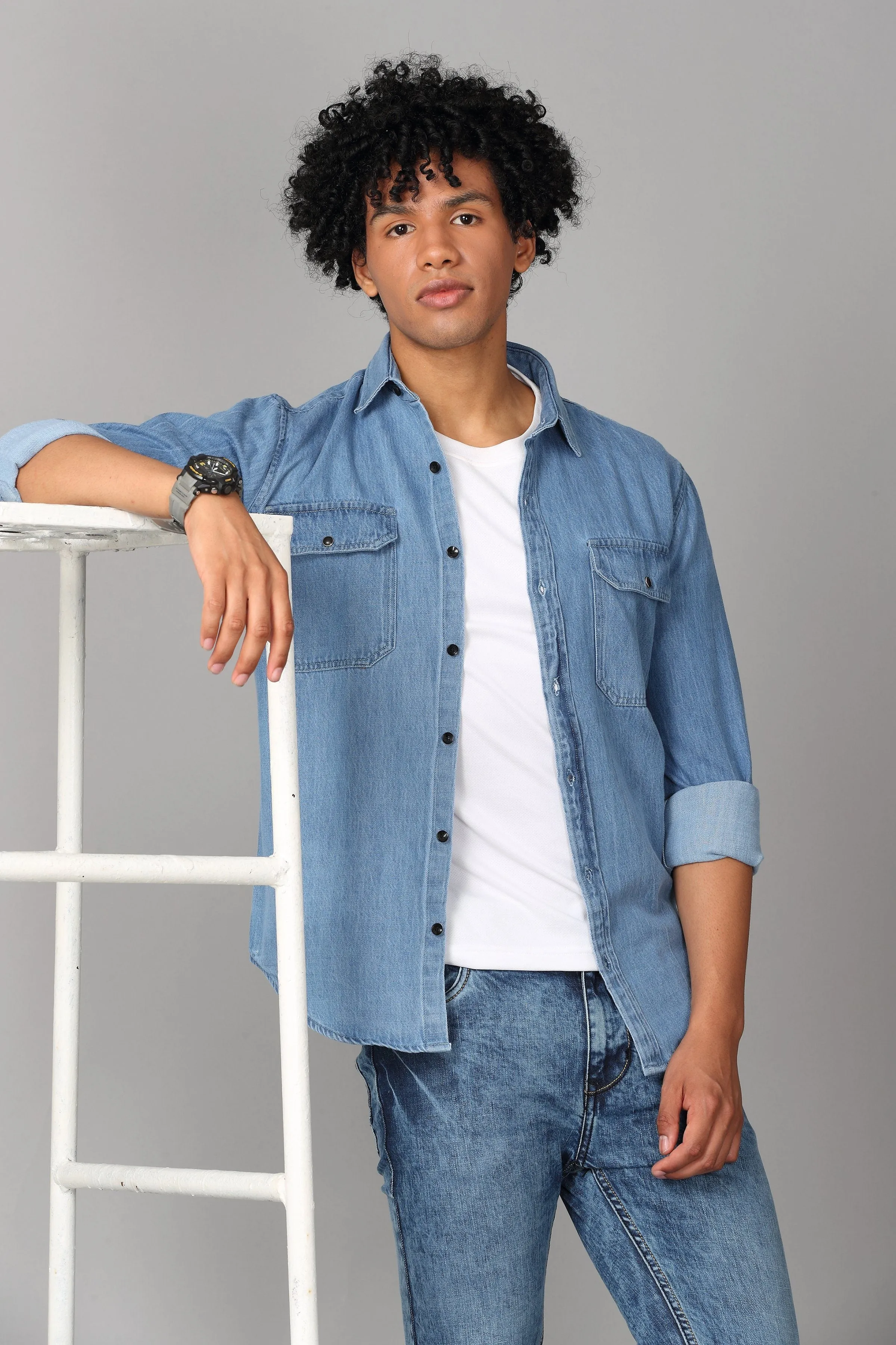 Double Pocket Printed Blue Denim Shirt