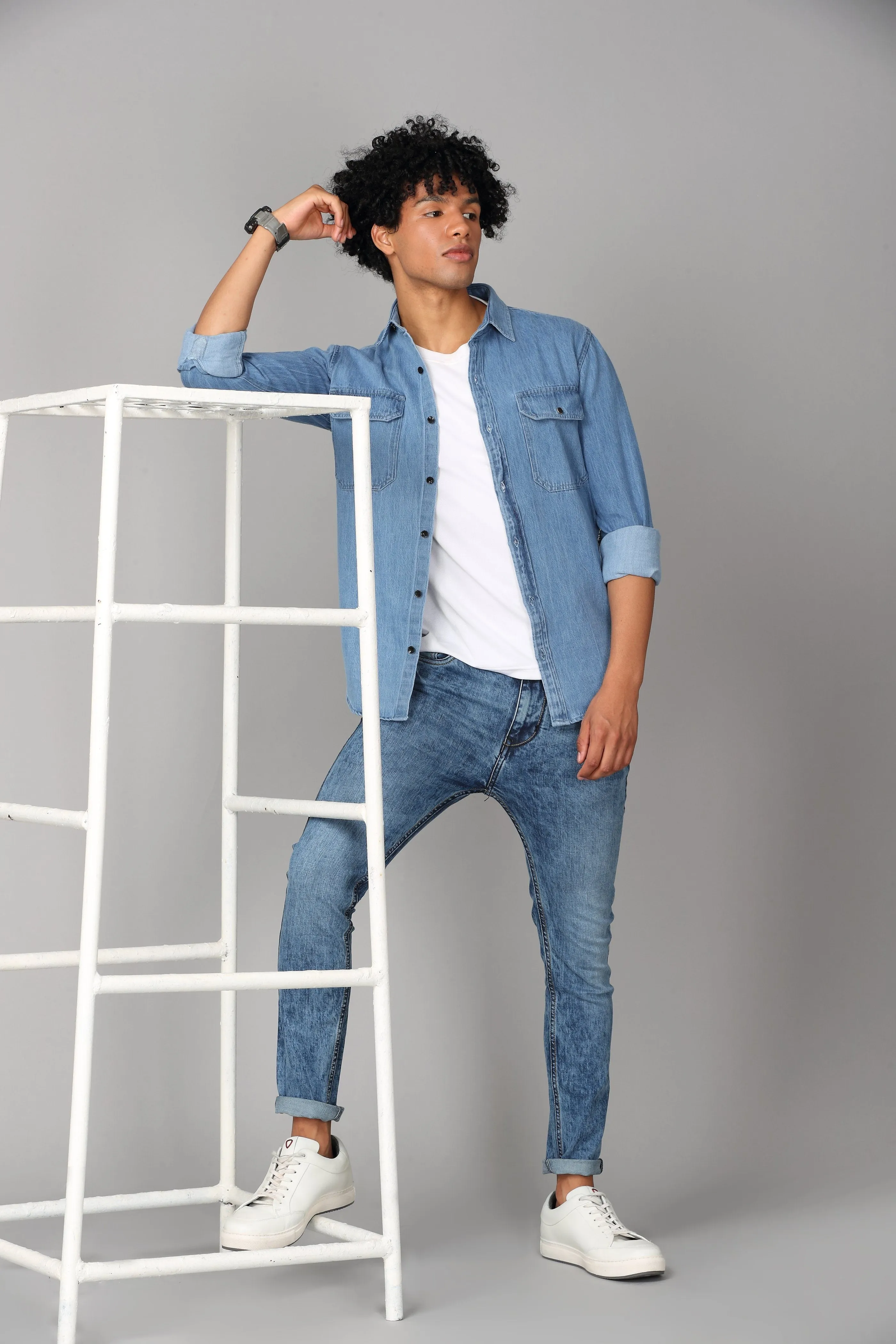 Double Pocket Printed Blue Denim Shirt