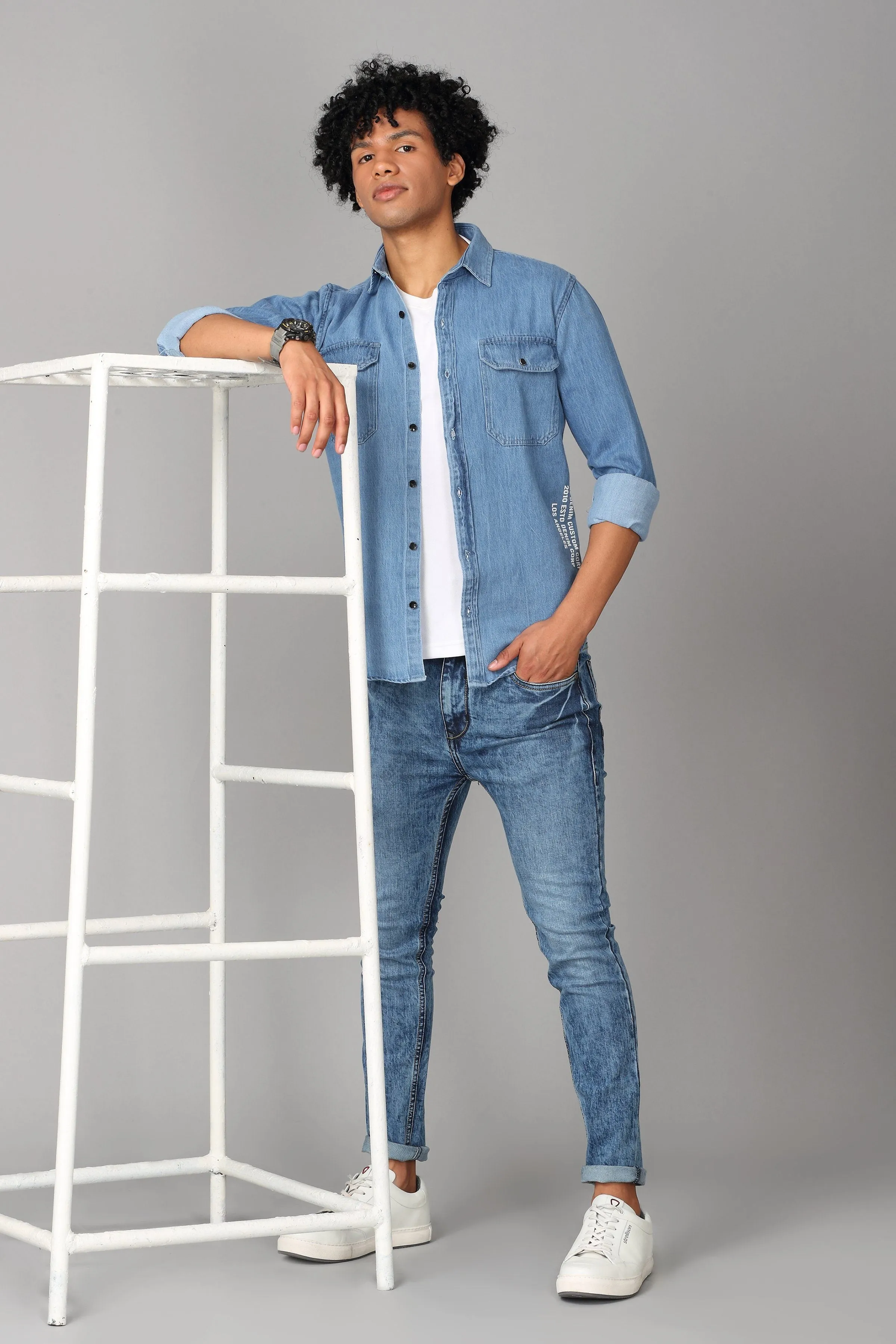 Double Pocket Printed Blue Denim Shirt