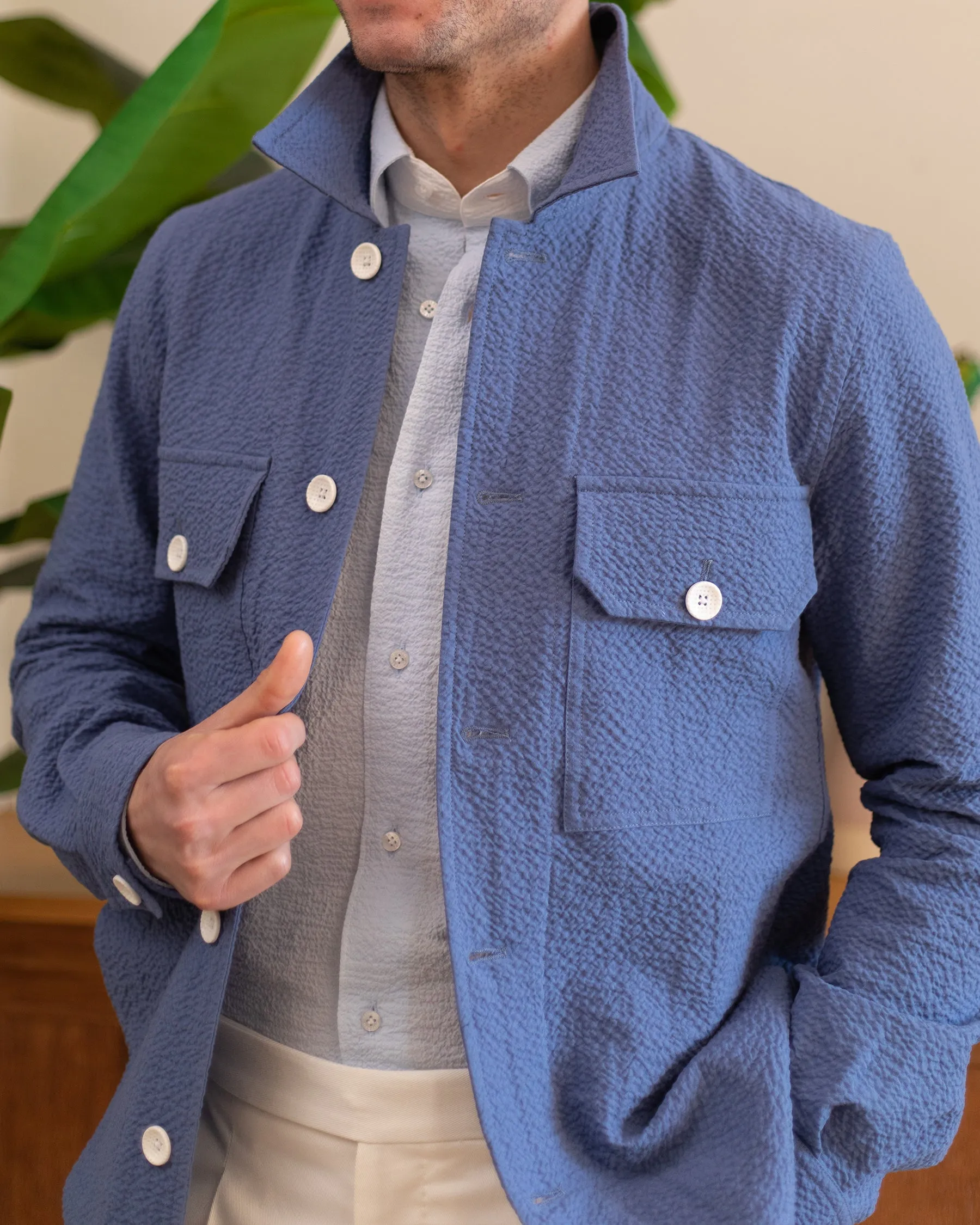 Dusty Blue Seersucker Overshirt