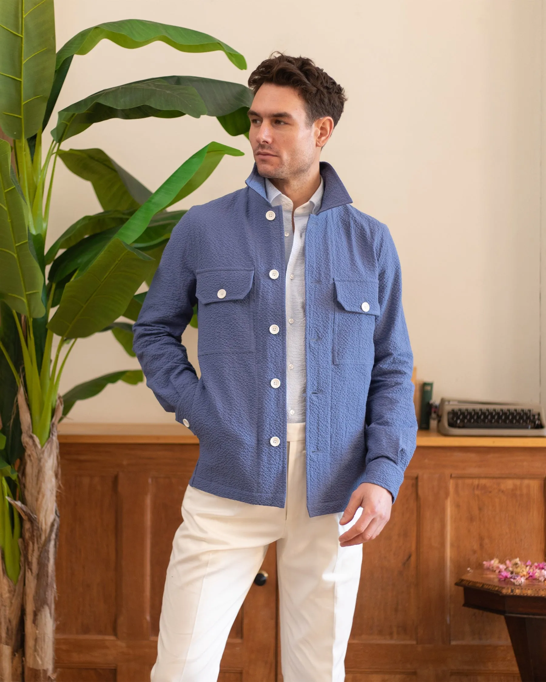 Dusty Blue Seersucker Overshirt