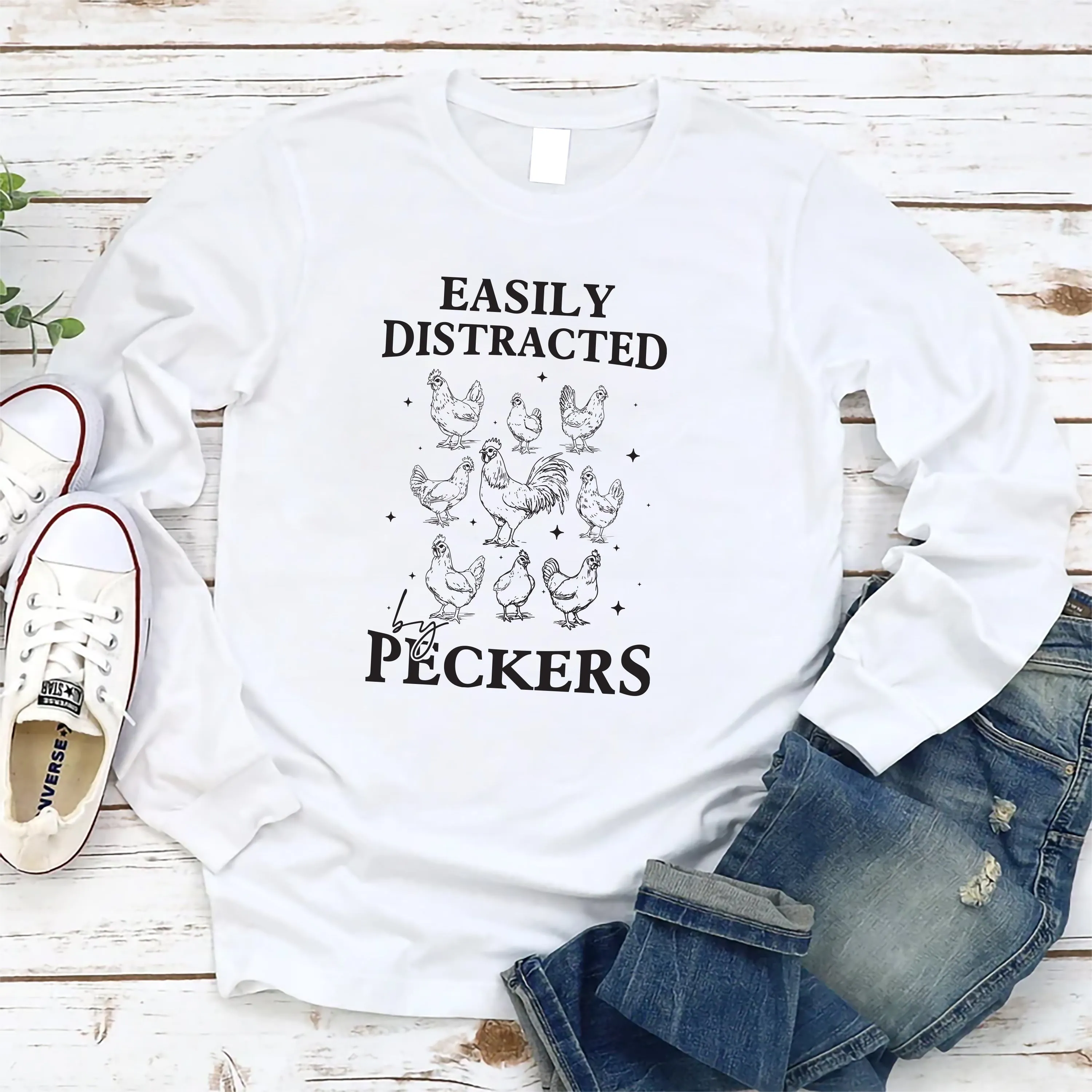 Easily Distracted By Peckers Long Sleeve Shirt, Funny Chicken Shirt