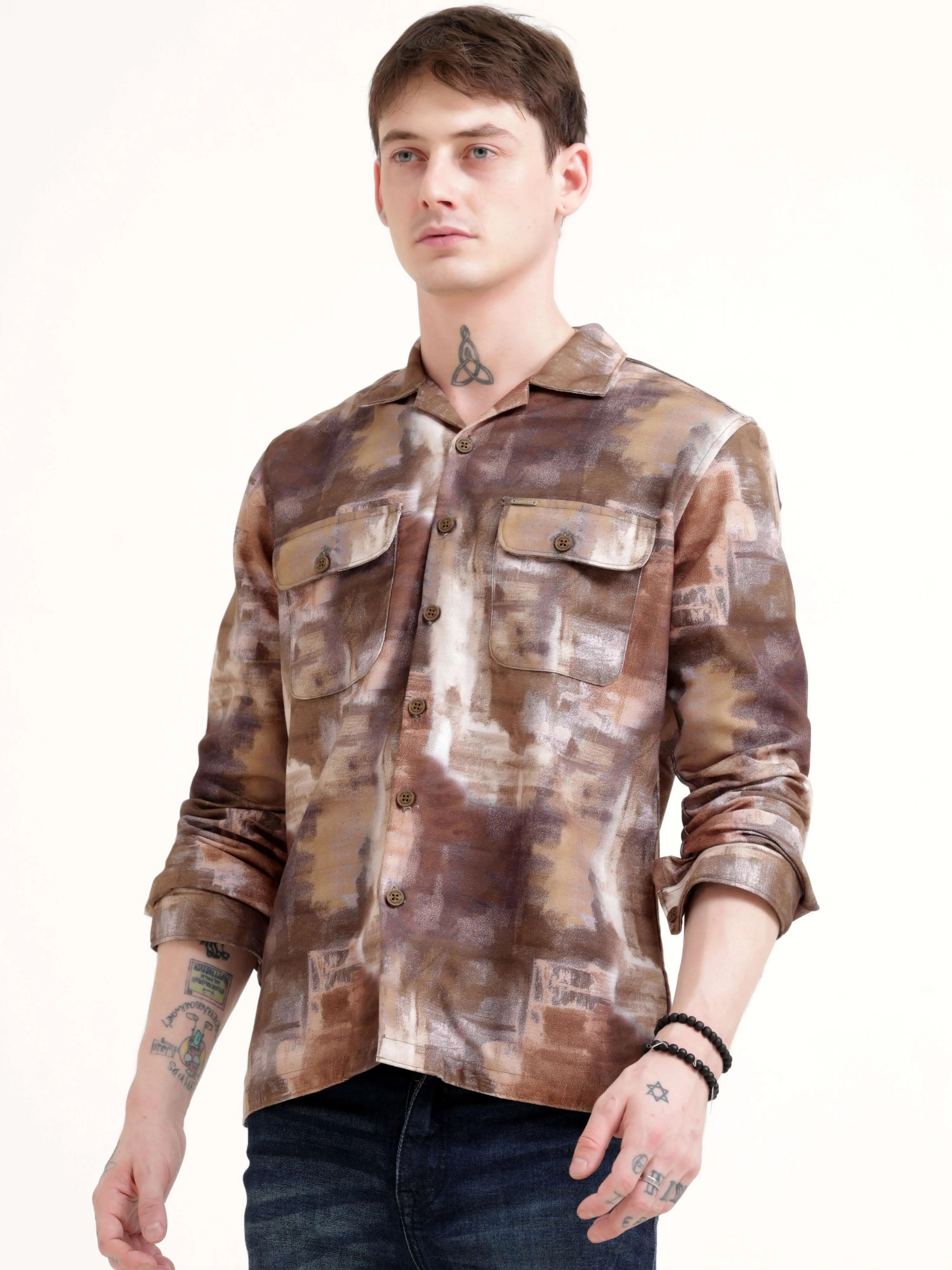 Enigmatic Multi Splash Brown Overshirt