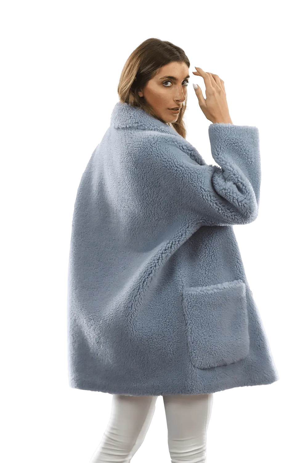 Faux Fur Teddy Coat with Pockets - Blue