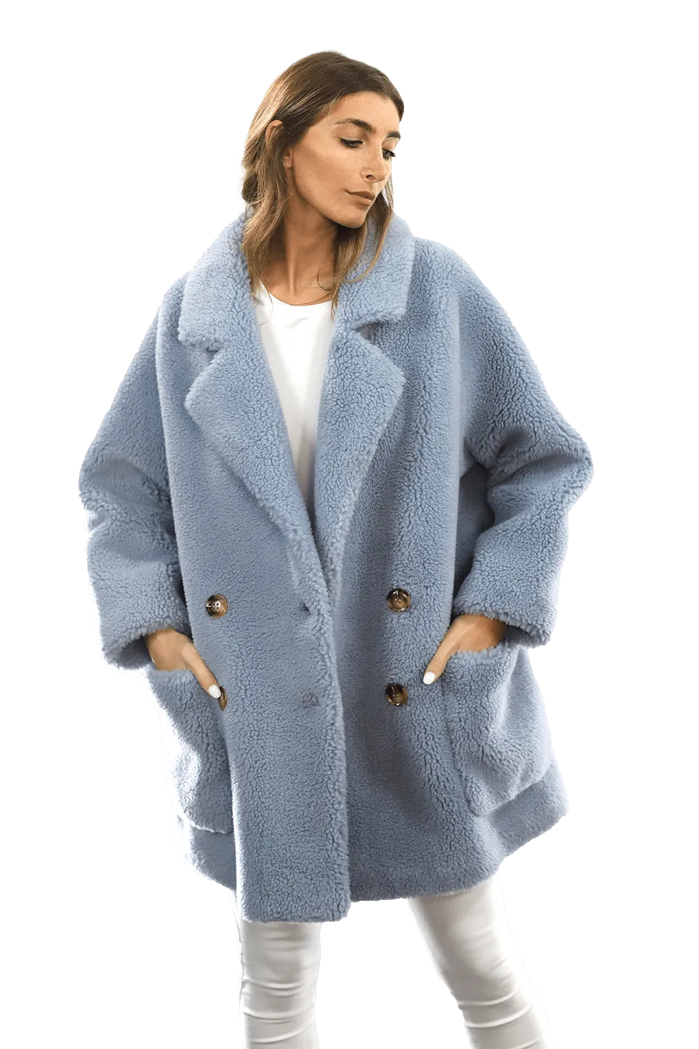 Faux Fur Teddy Coat with Pockets - Blue