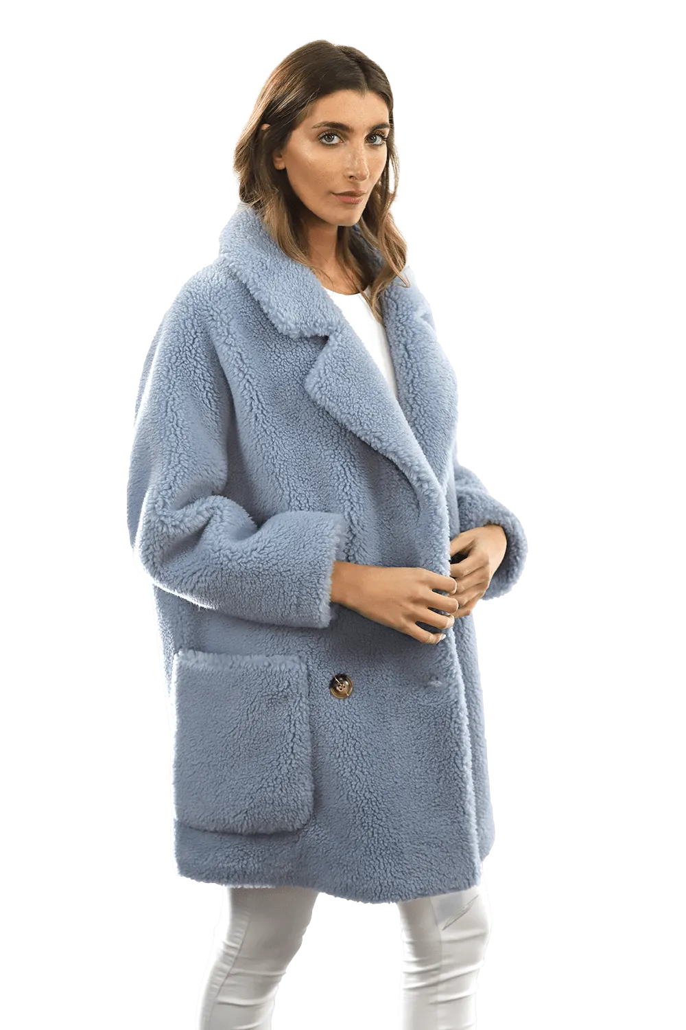 Faux Fur Teddy Coat with Pockets - Blue