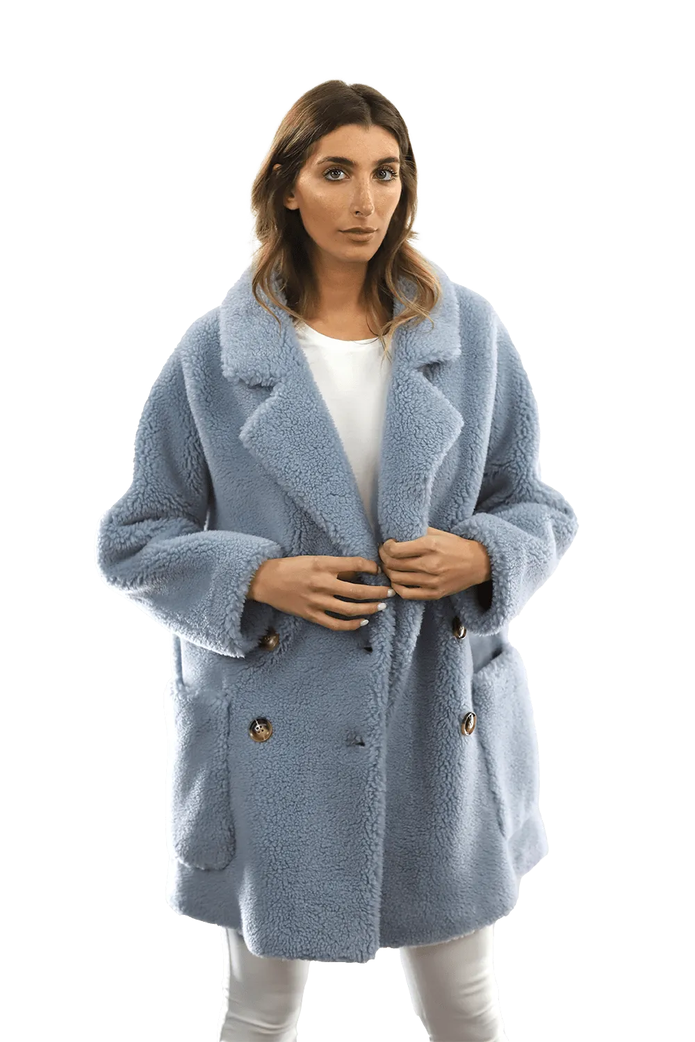 Faux Fur Teddy Coat with Pockets - Blue