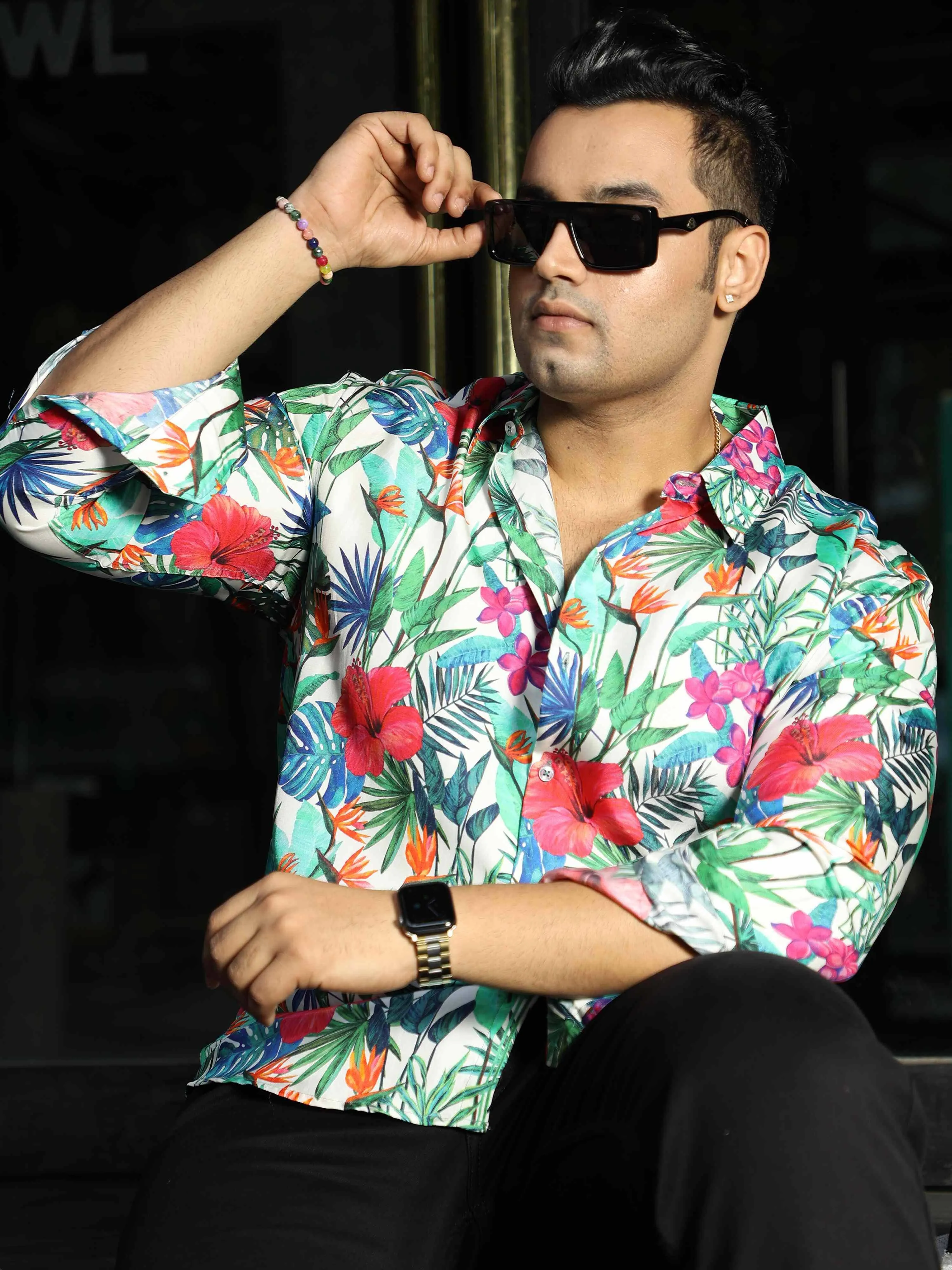 Floral Digital Printed Silk Full Shirt Men's Plus Size