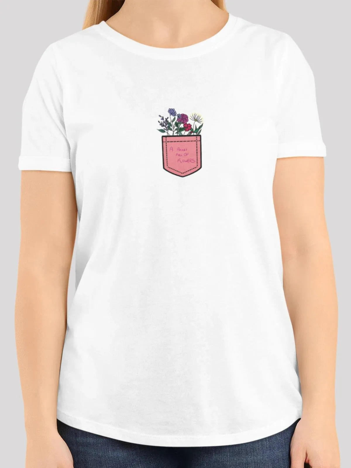 Floral Pocket White T-Shirt for Women