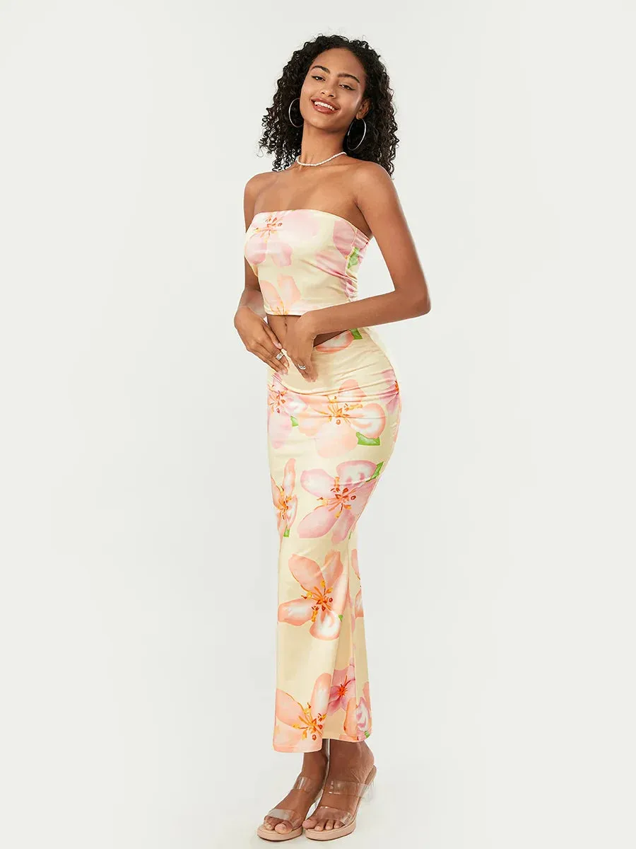 Floral Print 2 Piece Crop Tube Tops Bodycon Long Beachwear Summer Skirt