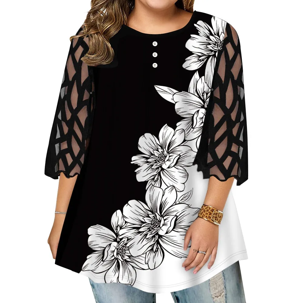 Funki Buys | Shirts | Women's Plus Splice Flower Print Blouse