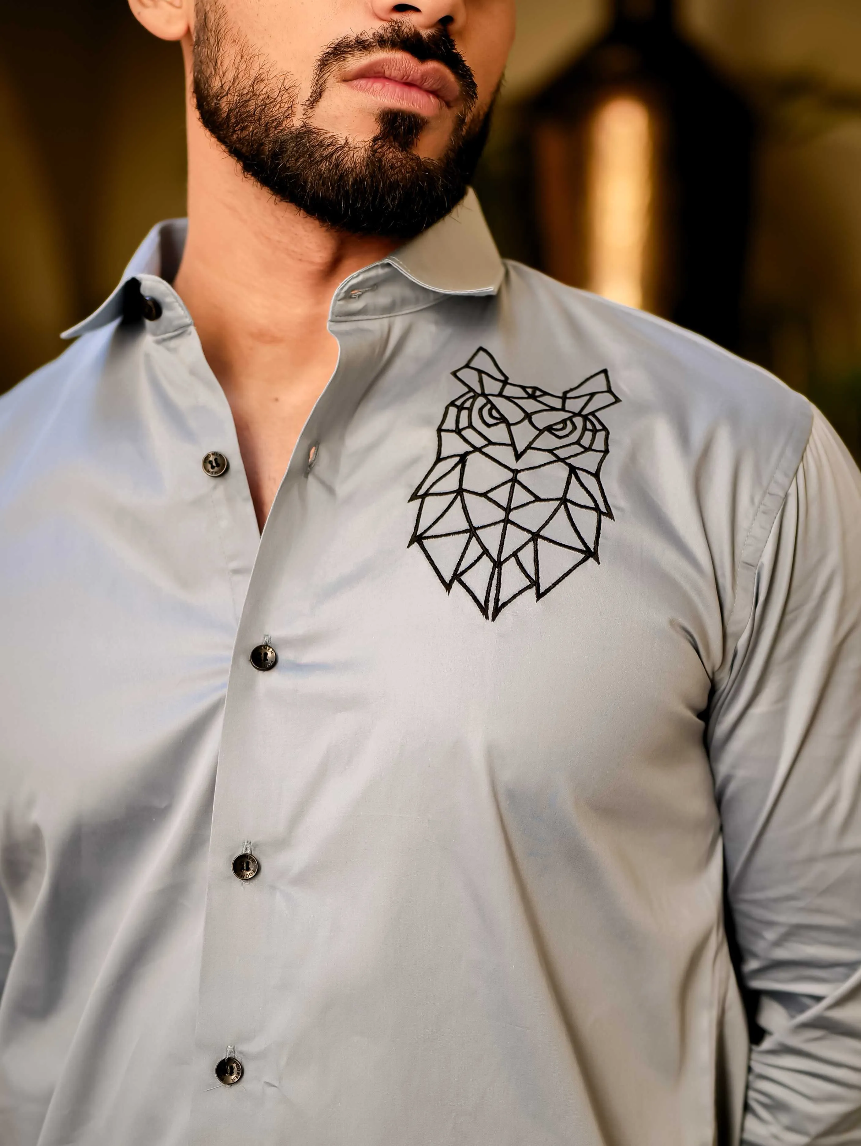 Geometric owl Sky Embroidered Club Wear Satin Cotton Shirt