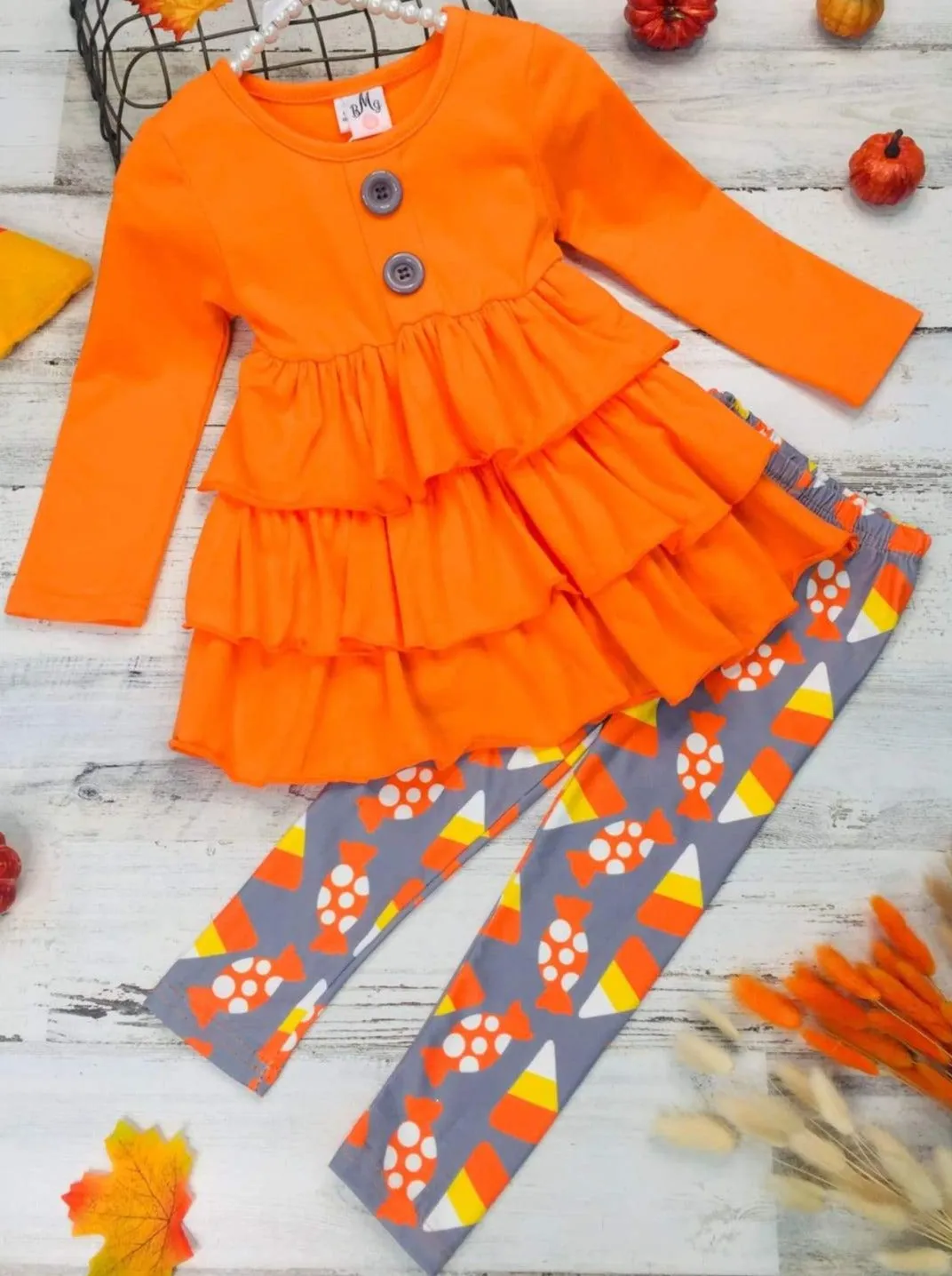 Girls Halloween Themed Long Sleeve Tiered Buttoned Tunic And Printed Leggings