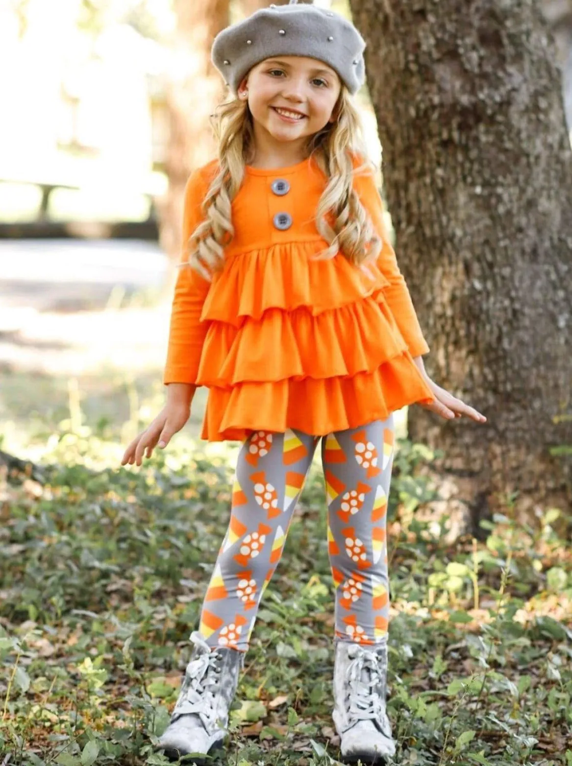 Girls Halloween Themed Long Sleeve Tiered Buttoned Tunic And Printed Leggings