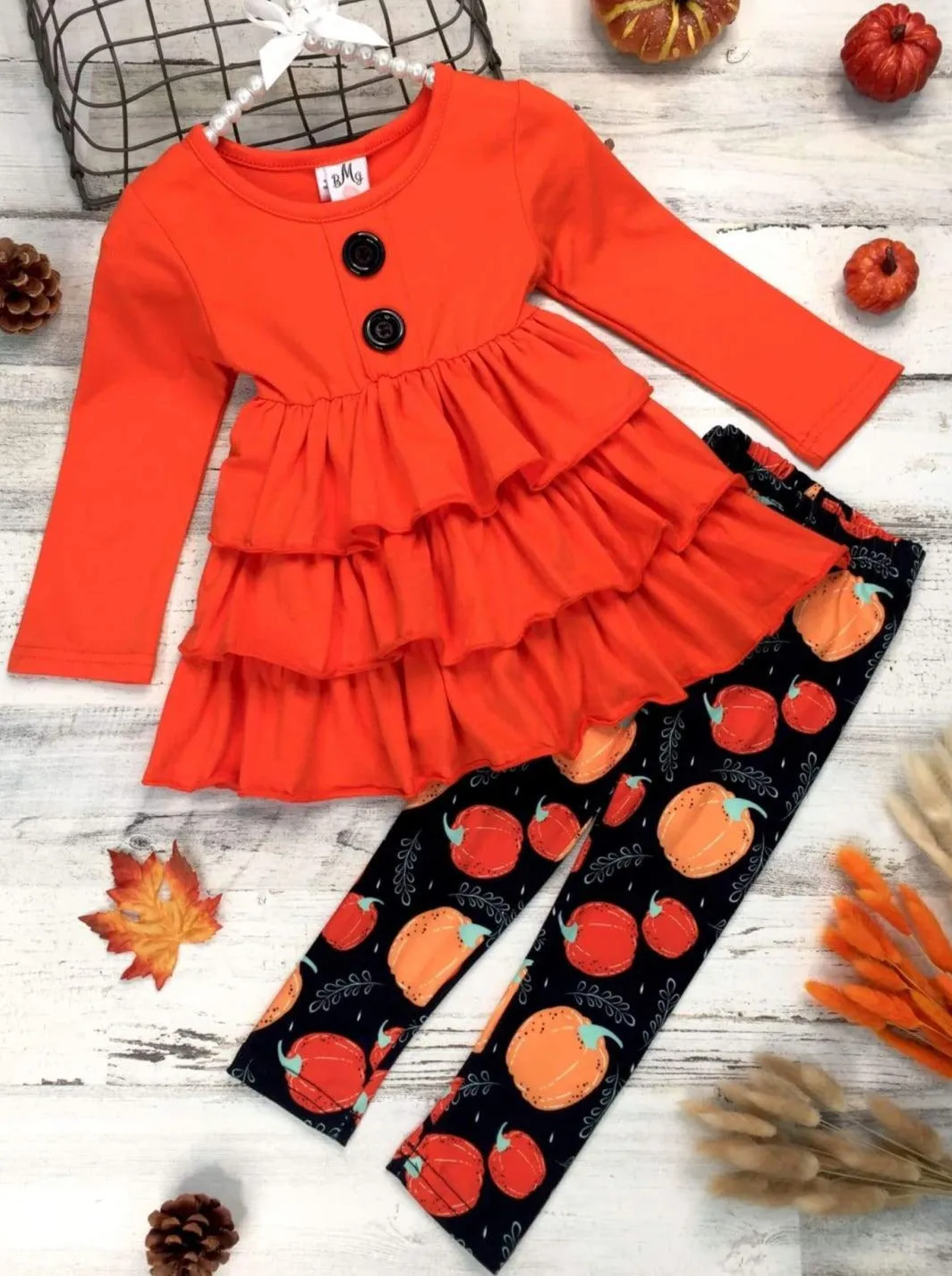 Girls Halloween Themed Long Sleeve Tiered Buttoned Tunic And Printed Leggings