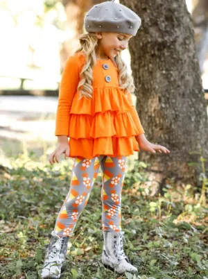 Girls Halloween Themed Long Sleeve Tiered Buttoned Tunic And Printed Leggings