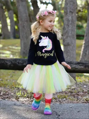 Girls Long Sleeve "Magical" Unicorn Rainbow Tutu Tunic And Polka Dot Legging Set