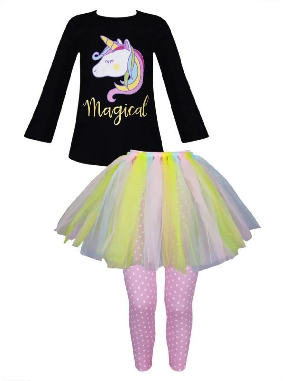 Girls Long Sleeve "Magical" Unicorn Rainbow Tutu Tunic And Polka Dot Legging Set