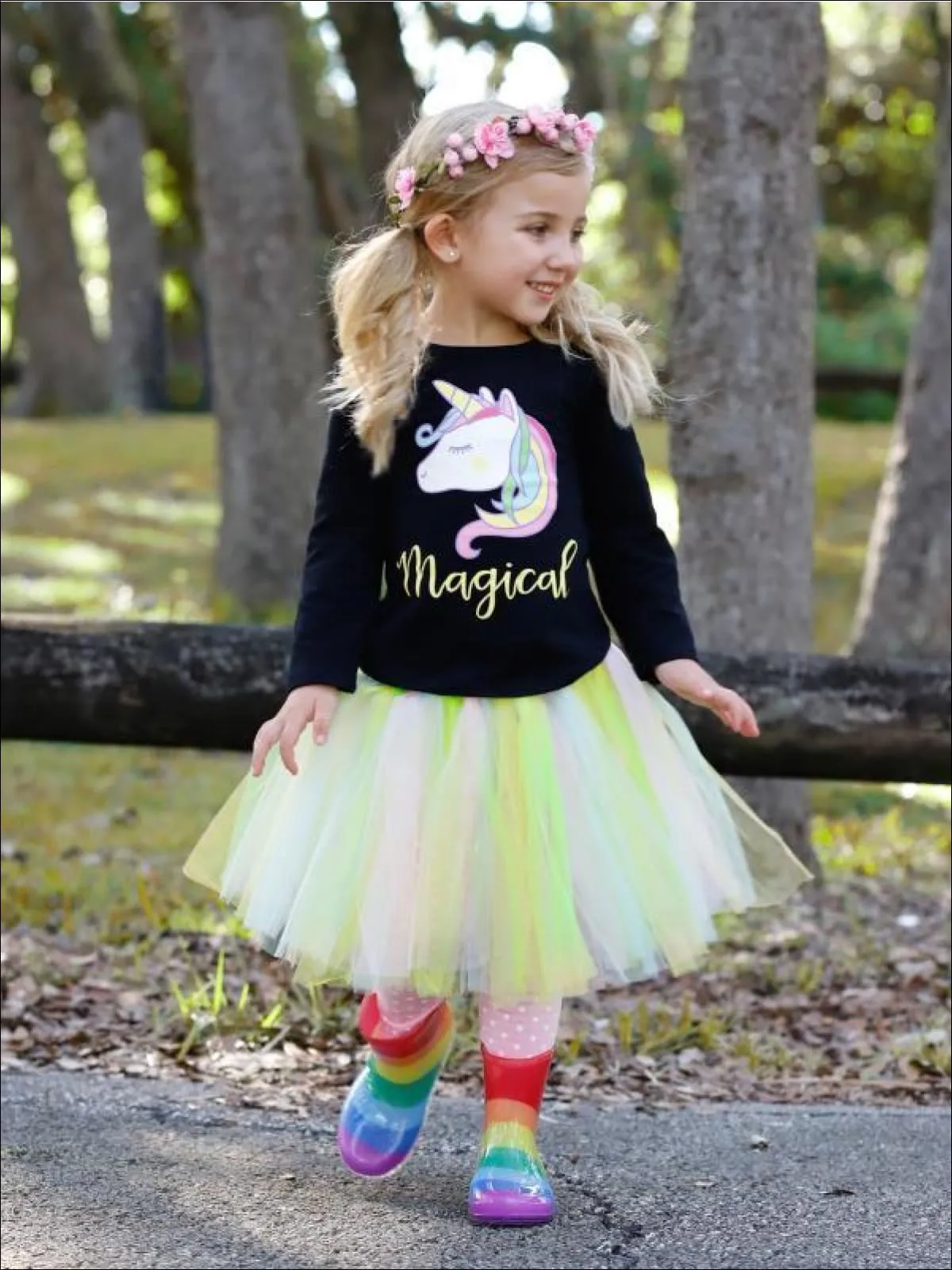 Girls Long Sleeve "Magical" Unicorn Rainbow Tutu Tunic And Polka Dot Legging Set