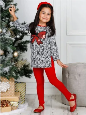 Girls Long Sleeve Sequin Bow Applique Tunic And Legging Set