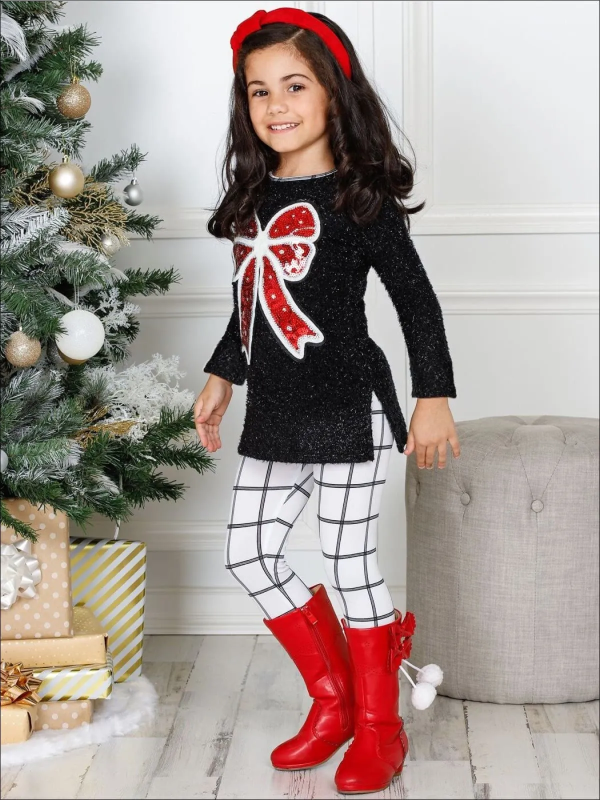 Girls Long Sleeve Sequin Bow Applique Tunic And Legging Set