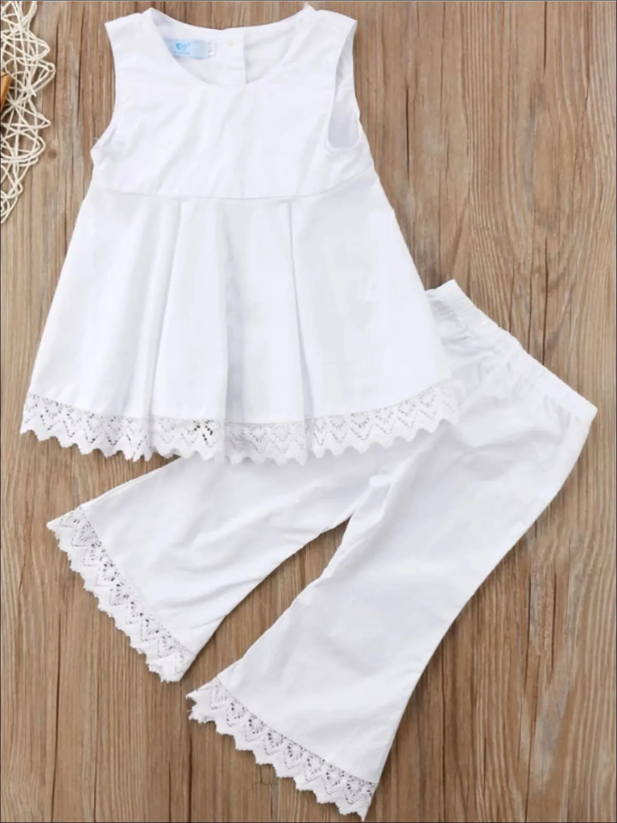 Girls Sleeveless White Lace Trimmed Open Back Tunic And Flared Pant Set