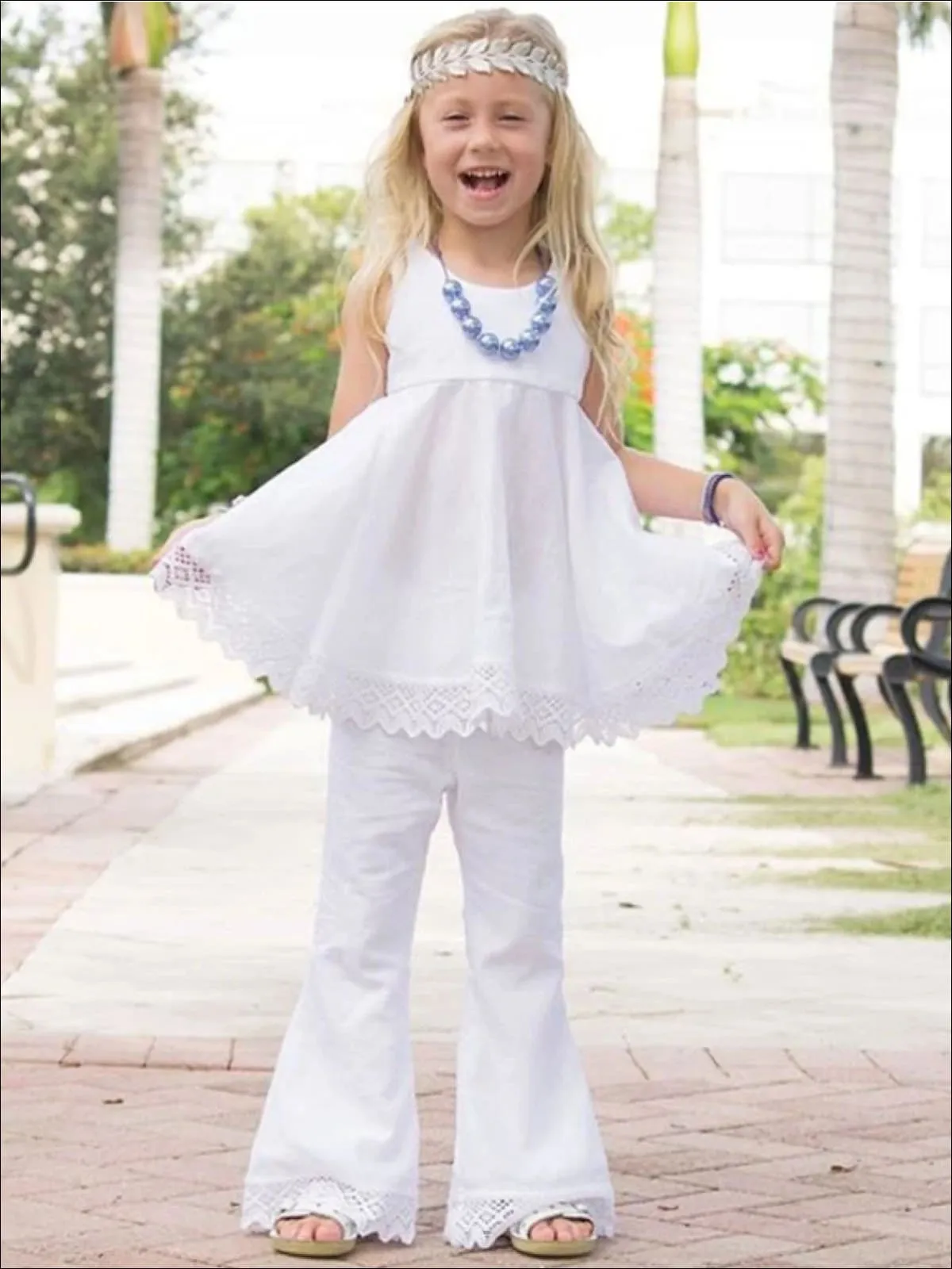 Girls Sleeveless White Lace Trimmed Open Back Tunic And Flared Pant Set