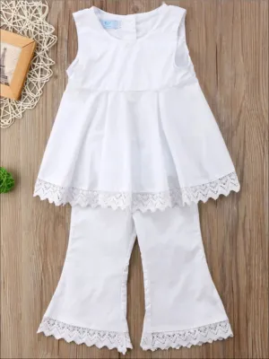 Girls Sleeveless White Lace Trimmed Open Back Tunic And Flared Pant Set