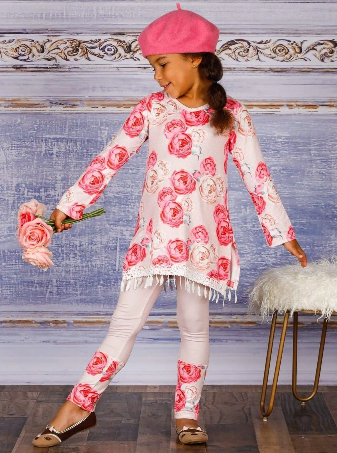 Girls V-Neck Long Sleeve Trimmed Tunic And Cuffed Legging Set