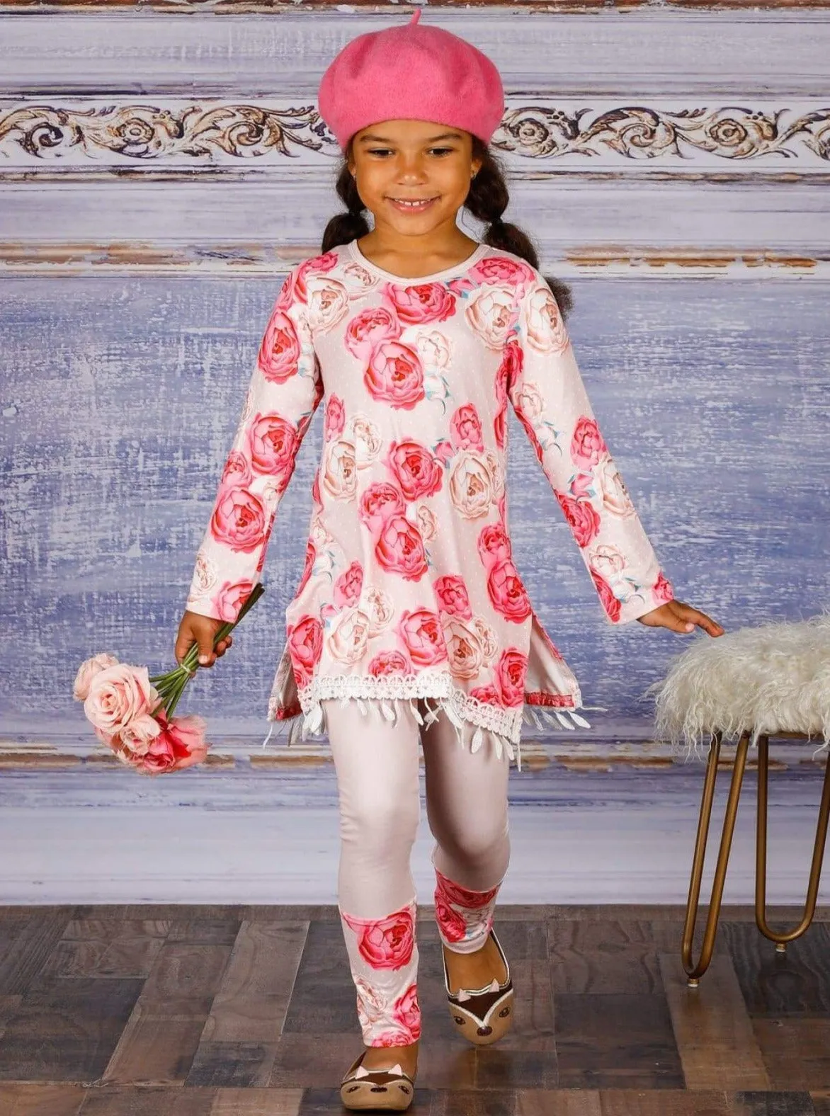 Girls V-Neck Long Sleeve Trimmed Tunic And Cuffed Legging Set