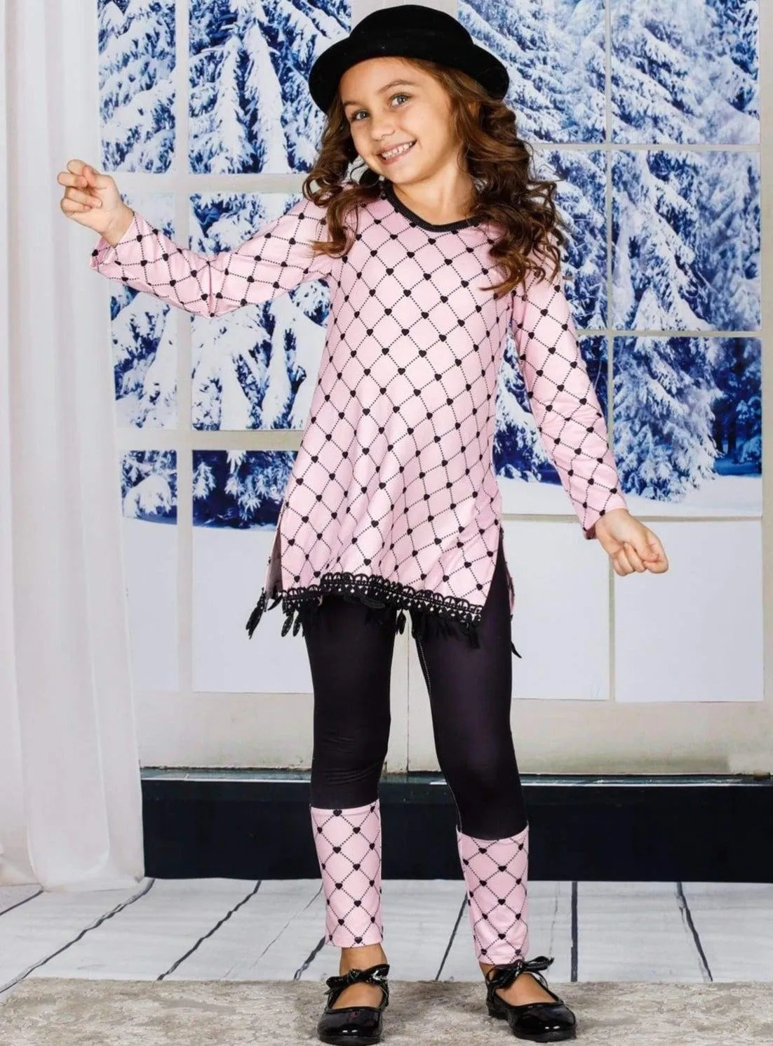 Girls V-Neck Long Sleeve Trimmed Tunic And Cuffed Legging Set