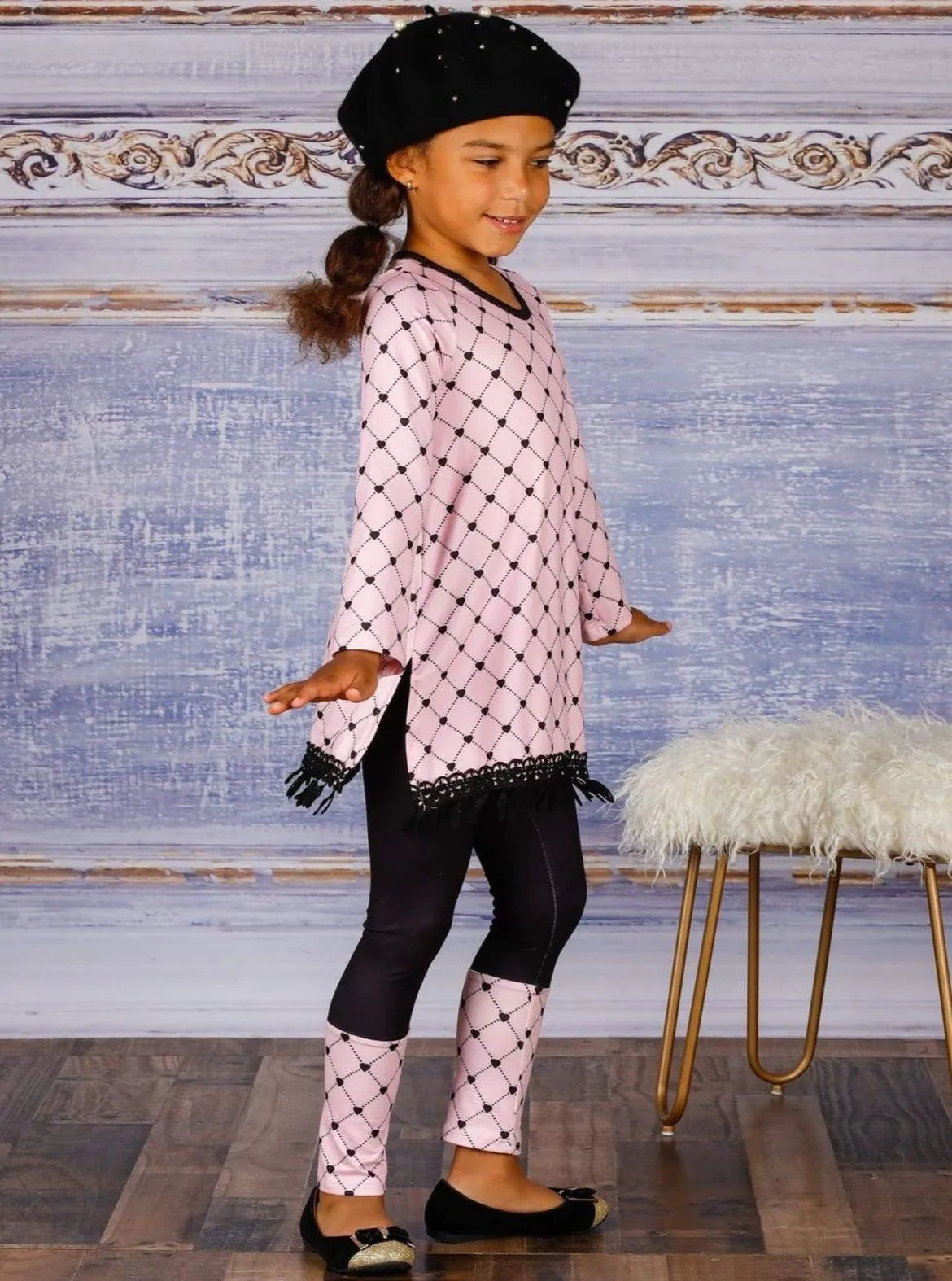 Girls V-Neck Long Sleeve Trimmed Tunic And Cuffed Legging Set