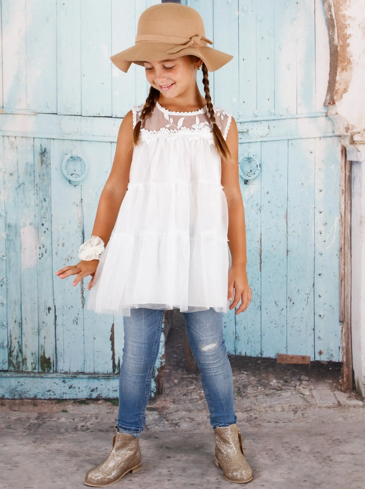 Girls White Ruffled Tunic